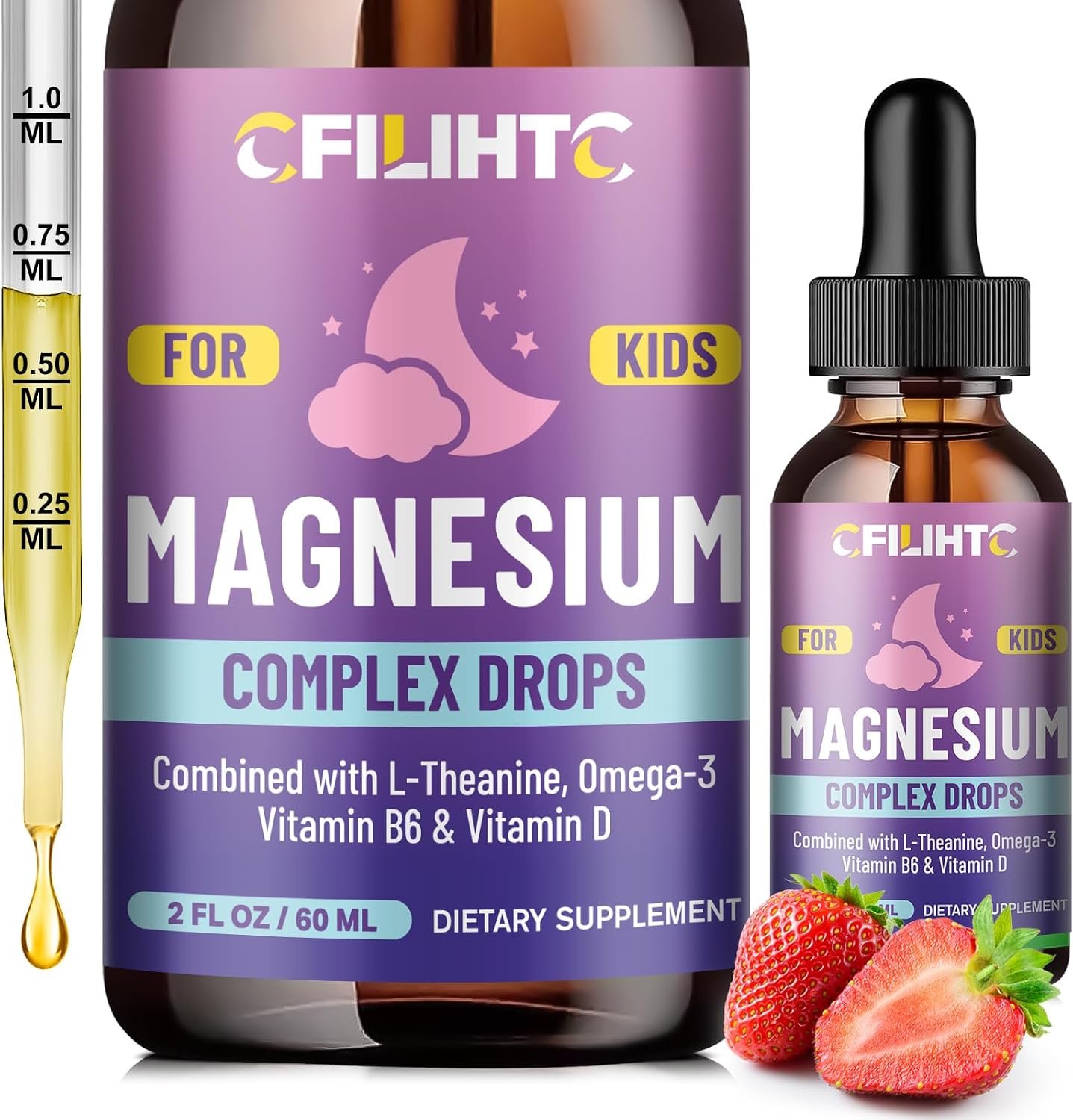 Kids Magnesium Liquid Drops-Magnesium Glycinate Liquid for Kids Supplement-w/L-theanine, Omega-3, Vitamin B6, D3 – for Sleep, Relaxation, Brain, Bones – 2 Fl Oz Children’s Calm, Strawberry Flavor