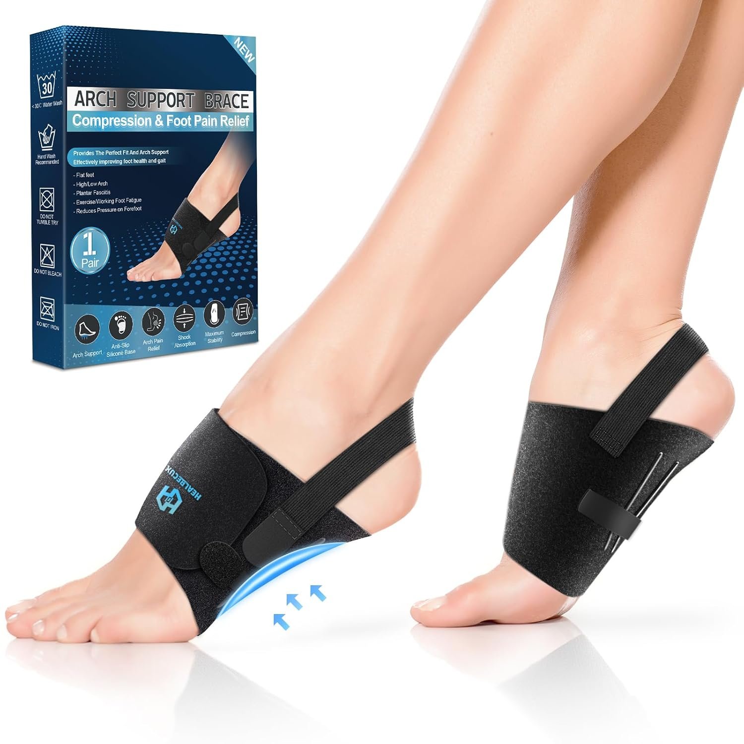 Healrecux Arch Support Braces for Plantar Fasciitis Relief, Adjustable Arch Support Compression Bands, Orthotic Support Sleeves with Gel Pads for Feet Flat, Fallen & High Arches, Foot Pain Support