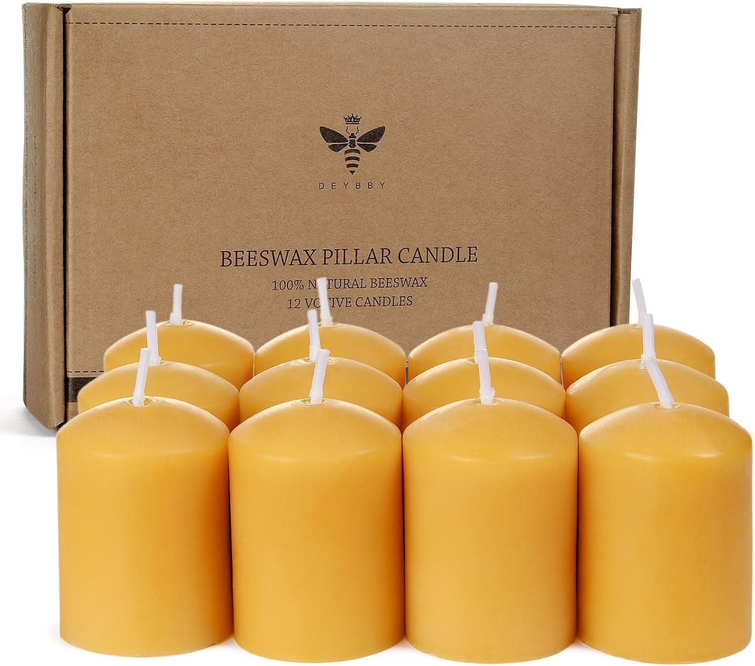 DEYBBY Natural Beeswax Votive Candles 8 Hours Burn Unscented Candles 12 Pcs