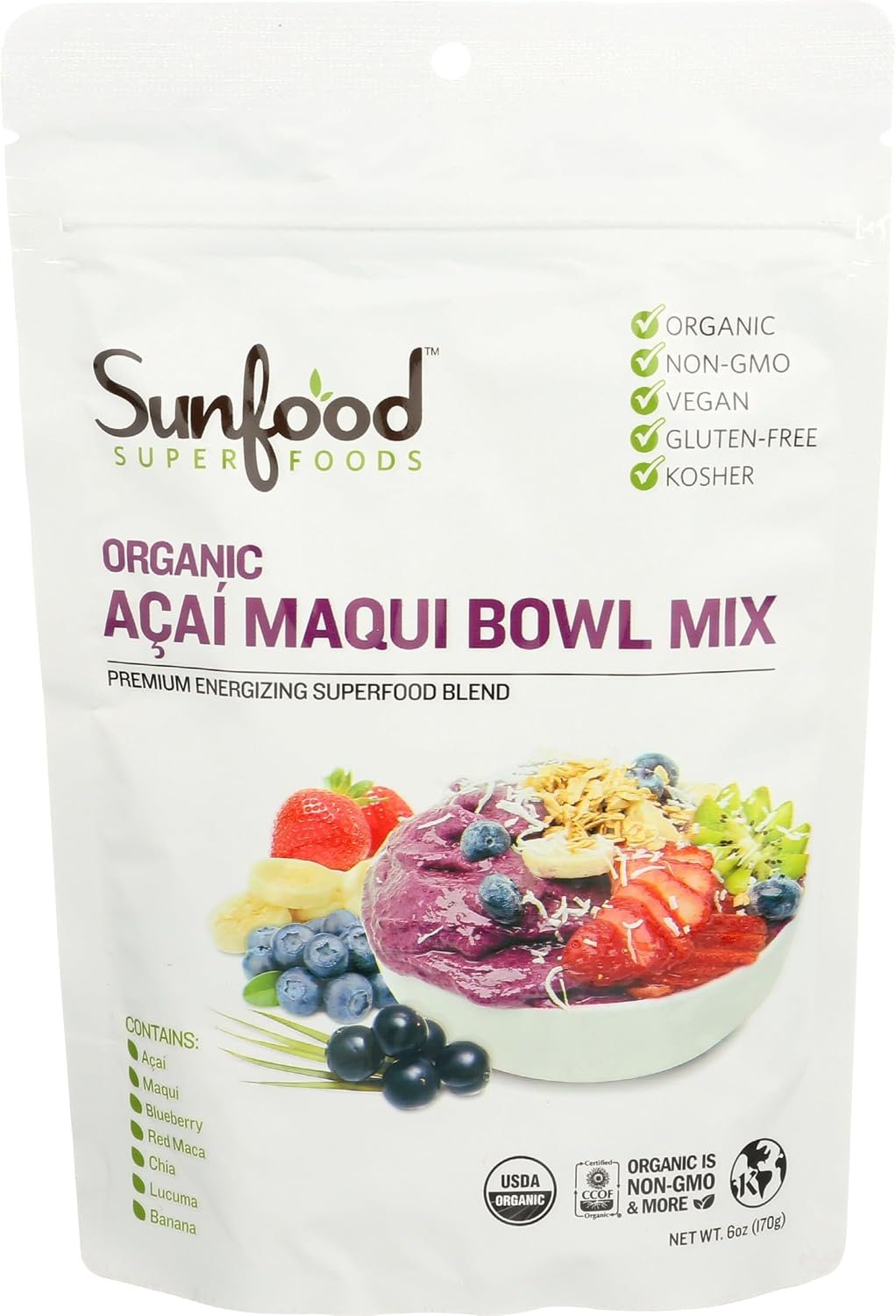 Sunfood Superfoods Organic Acai Maqui Bowl Mix – Dried Acai Berry Powder for Smoothie Bowls & Drinks, Fruit Source of Antioxidants, Gluten Free, USDA Organic, Non GMO – 6 oz Bag