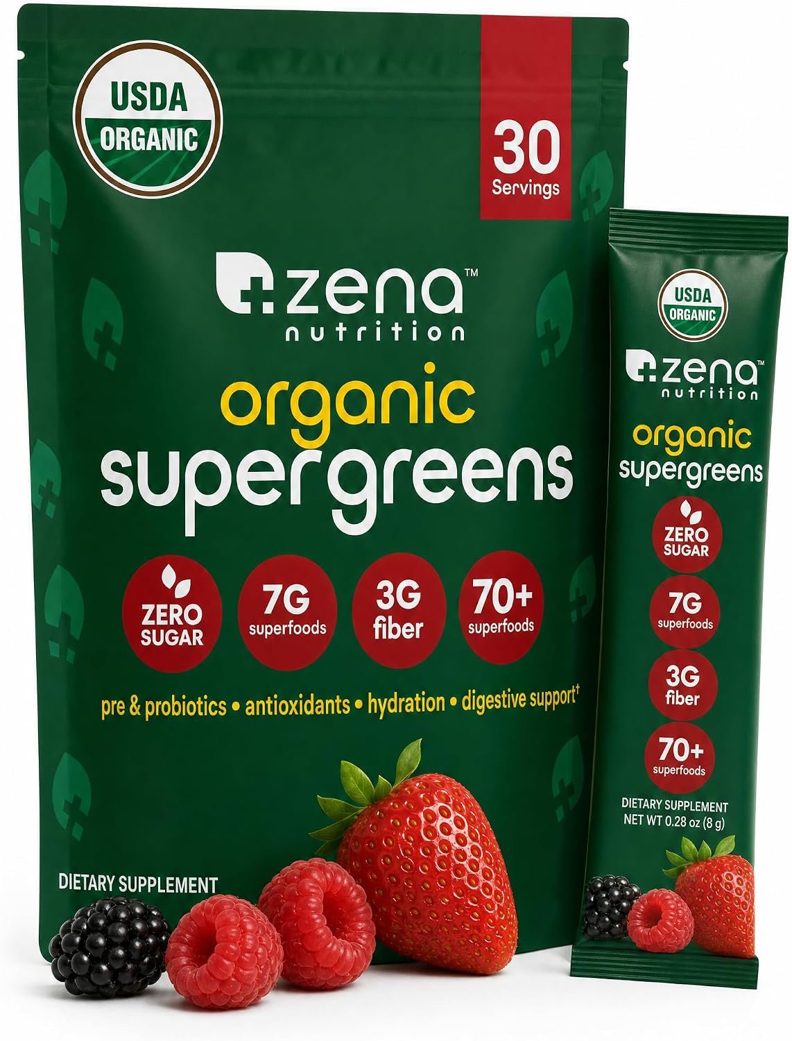 Zena Nutrition Organic Super Greens Powder, 70+ Superfoods, 0 Sugar, 3g Fiber, Spirulina, Chlorella, Mushrooms, Prebiotics/Probiotics, Digestive Enzymes, Gut Health, Mixed Berry, 30 Drink Mix Packets