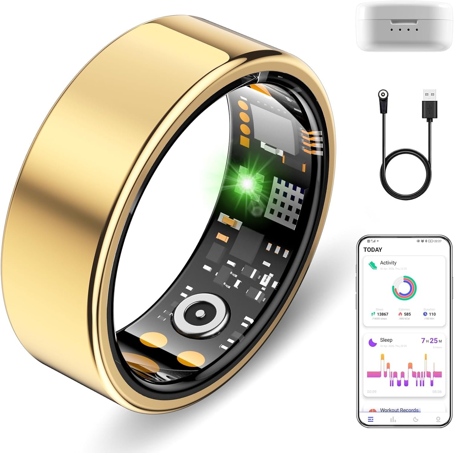 Smart Ring for Women Men, Sleep Activity Health Tracking Ring, Gold 9