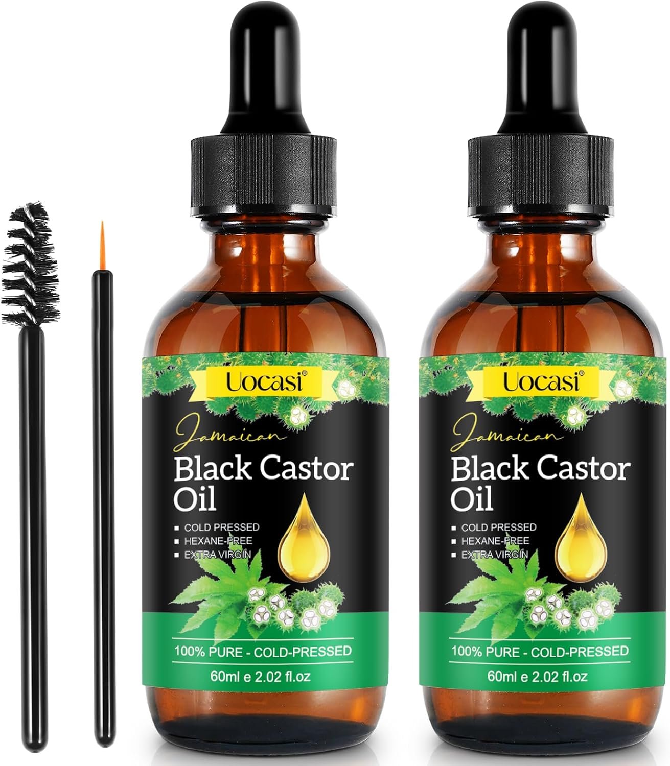 Uocasi Jamaican Black Castor Oil – 2Pack, 100% Pure and Organic, Cold Pressed in Glass Bottles for Hair Growth, Eyebrow Nourishment, and Skin Hydration, 4.04 Oz
