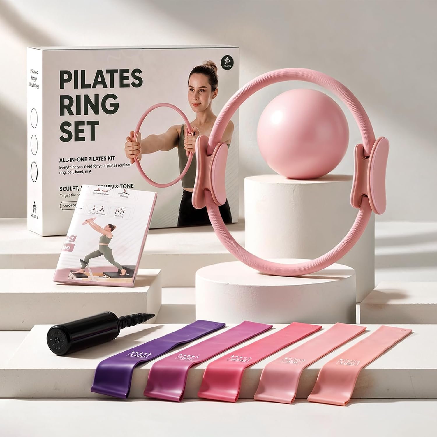 PAETA Pilates Ring Set – 14” Magic Circle (38 lbs Resistance), 9.8” Pilates Ball, 5 Resistance Bands, and Exercise Guide Included for Home Workouts