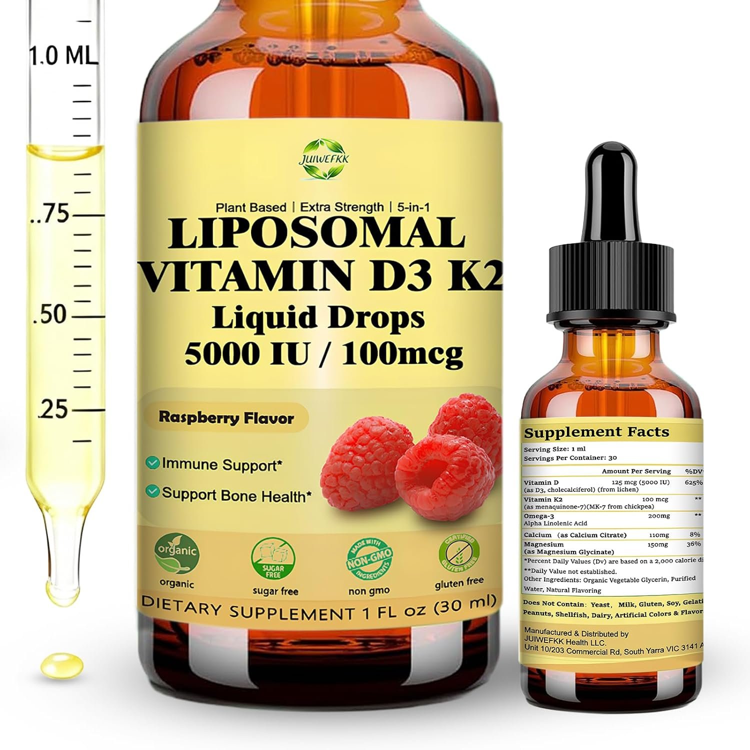 Liquid Vitamin D3 K2 Drops, High Potency 5-in-1 D3 K2 Vitamin 5000 IU