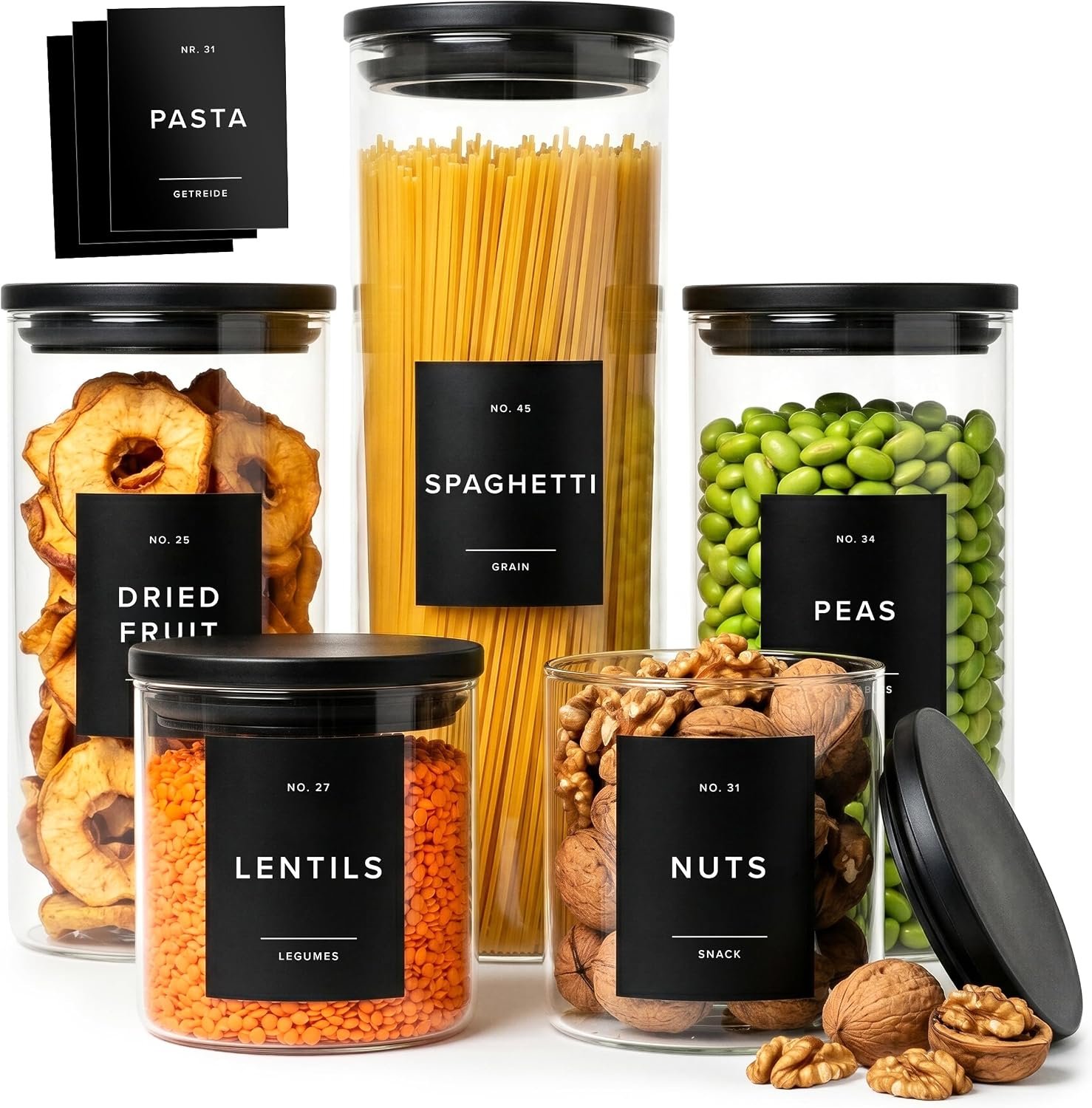 Glass Pantry Storage Jars Containers with Black Lids and Labels – Set of 5