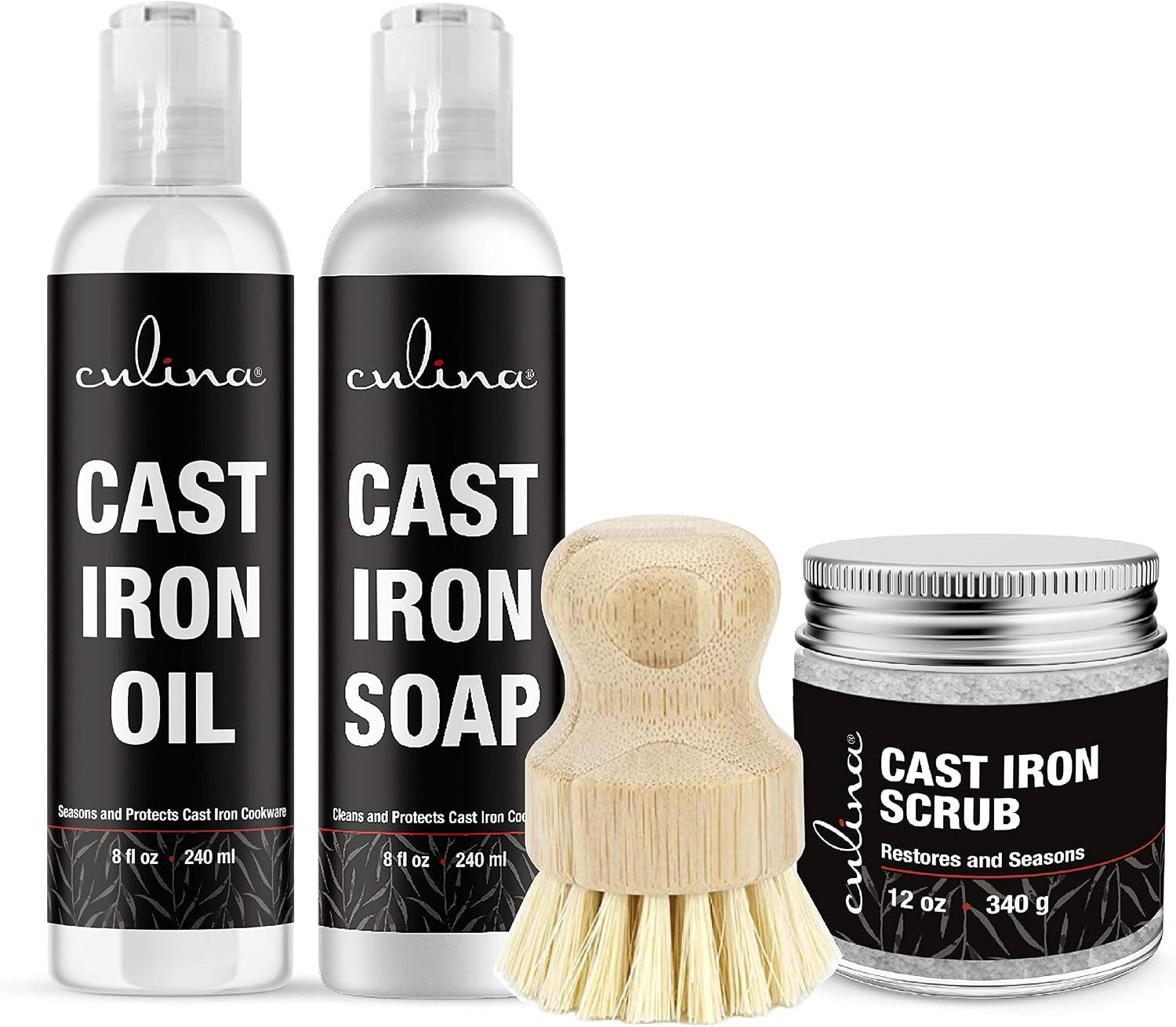 Culina Cast Iron Soap & Conditioning Oil & scrubbing salt & brush | All Natural Ingredients | Best for Cleaning, Non-stick Cooking & Restoring | for Cast Iron Cookware, Skillets