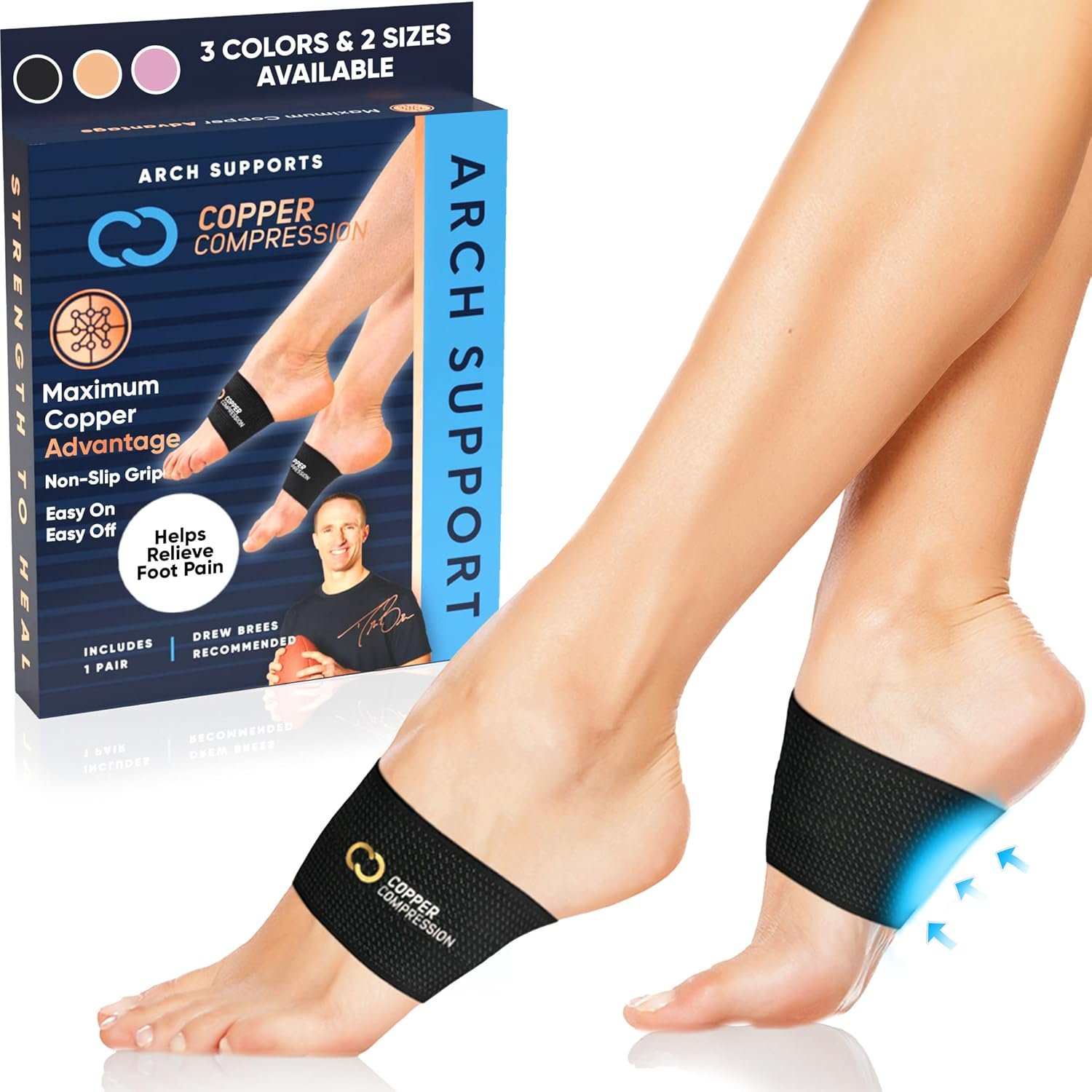 Copper Compression Large Sized Arch Support Sleeves. Targeted Compression for Plantar Fasciitis Symptoms, Pain, Flat Feet & High Arches. Breathable Support for Men & Women – Black