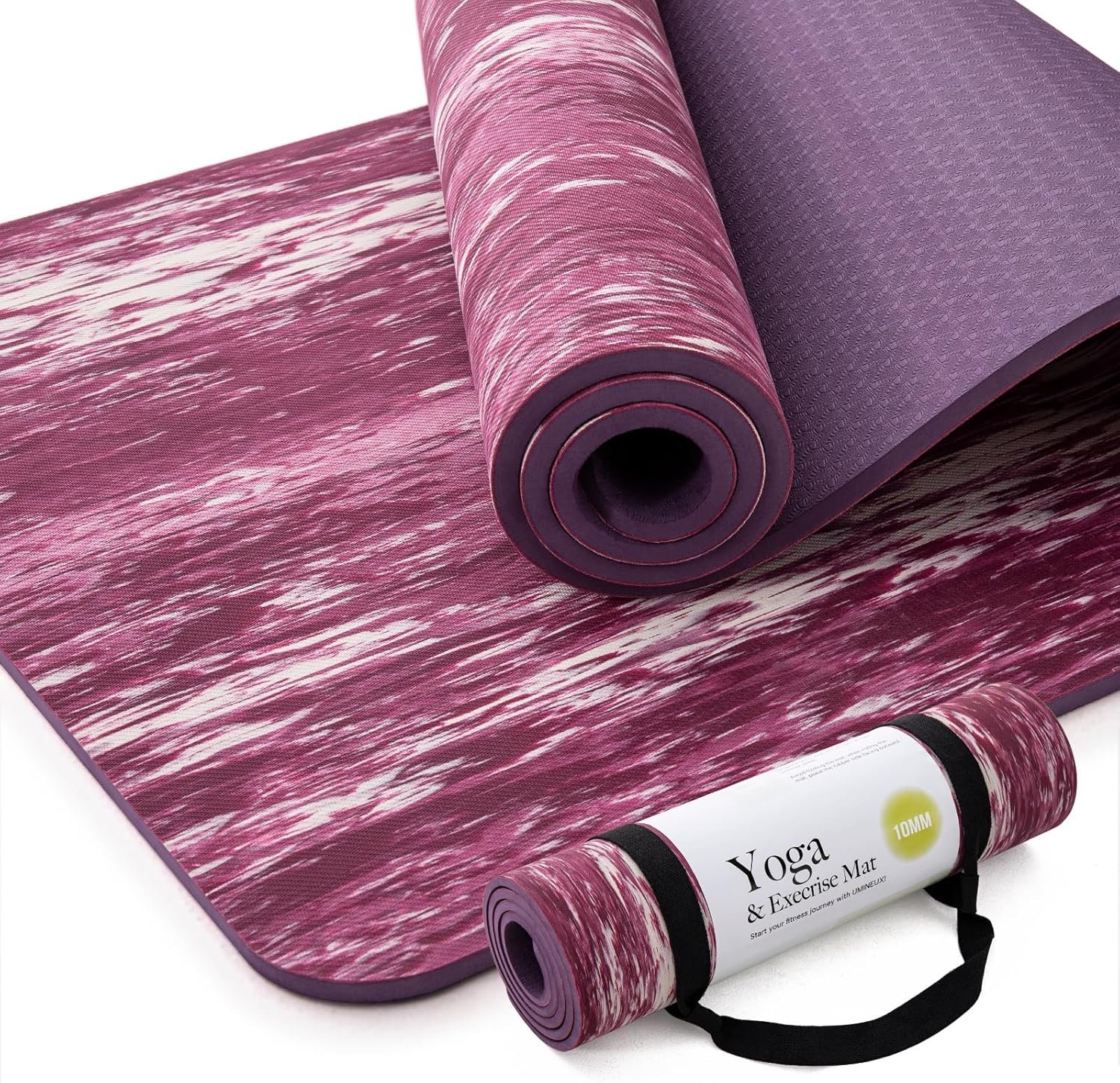 UMINEUX Extra Thick Yoga Mat, 2/5 Inch (10MM), Natural Rubber and TPE Non Slip Yoga Mats with Strap for Women Men, Eco Friendly Exercise Mat for Yoga, Pilates and Home Workout