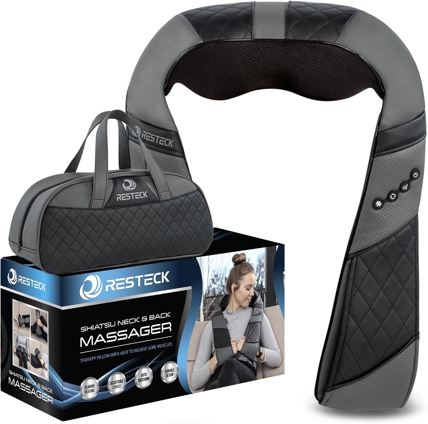 RESTECK Massagers for Neck and Back with Heat – Deep Tissue 3D Kneading Pillow, Electric Shiatsu Shoulder Massage, Foot, Legs,Body – Relieve Muscle Pain – Office, Home & Car