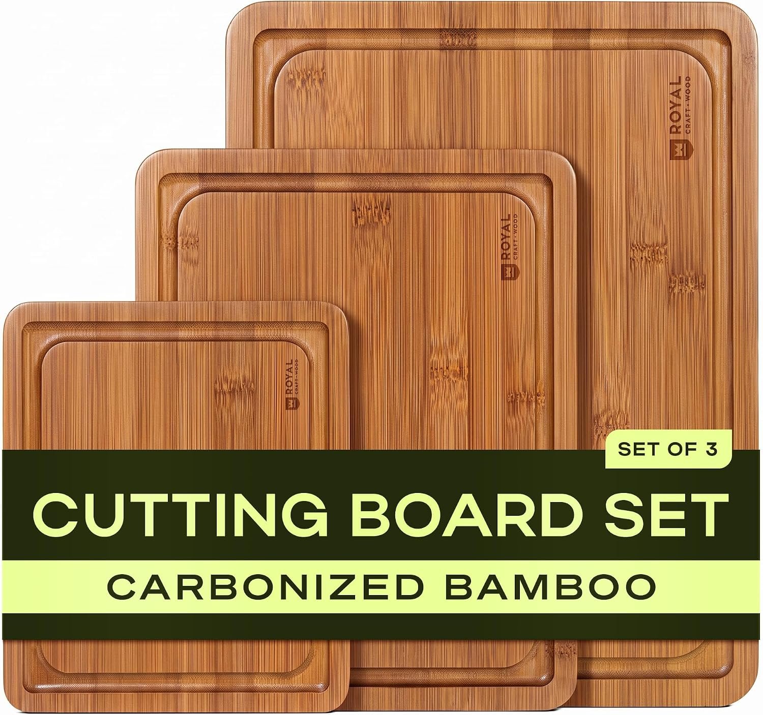 ROYAL CRAFT WOOD Wooden Cutting Boards for Kitchen Meal Prep & Serving – Bamboo Non Toxic Cutting Board Set with Deep Juice Groove Side Handles – Charcuterie & Chopping Butcher Block for Meat (3 Pcs)