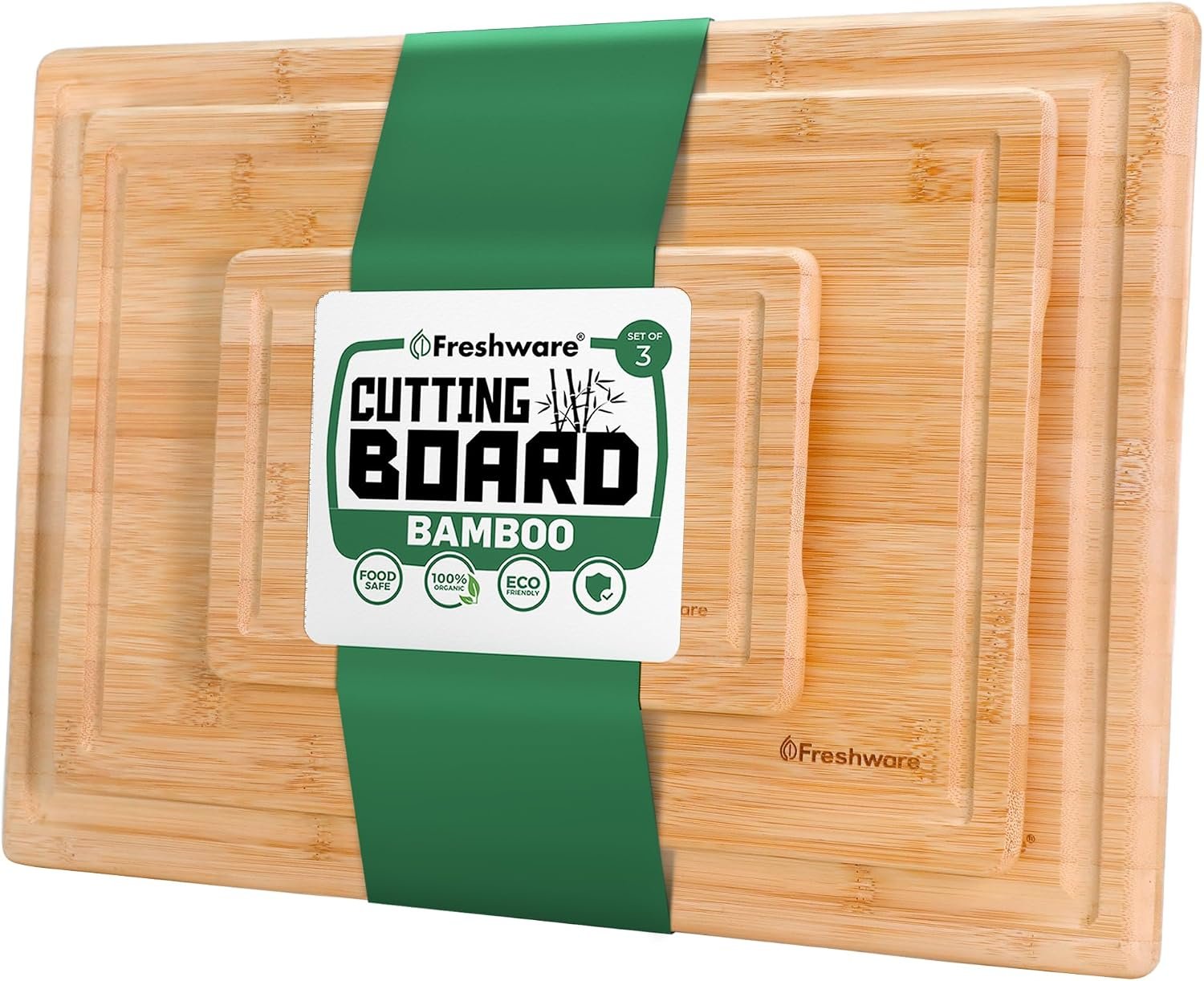 Freshware Wood Cutting Boards for Kitchen – Bamboo Cutting Board Set of 3, Cutting Boards with Juice Grooves, Serving Board Set, Chopping Board for Meat, Veggie, Easy Grip Handle (9×6″, 12×8″, 15×10″)