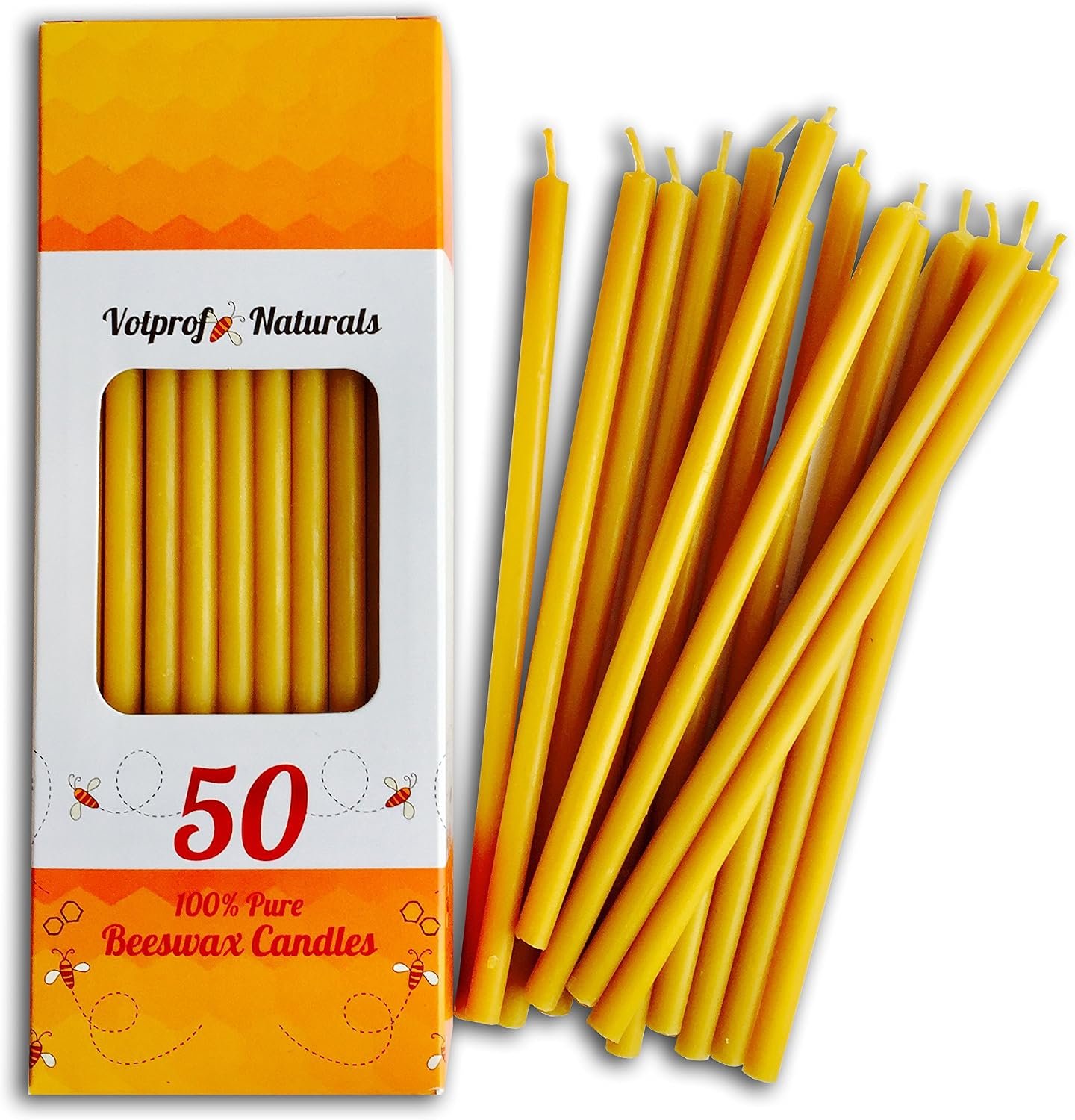 50 All Natural Décor 100% Pure Beeswax Taper Candles – Tall (6 in), Unscented, Dripless, Smokeless, Slow Burning, Non Toxic, Honey Scent – for Home, Dinner, Cake, Prayer, Church, Hanukkah, Christmas