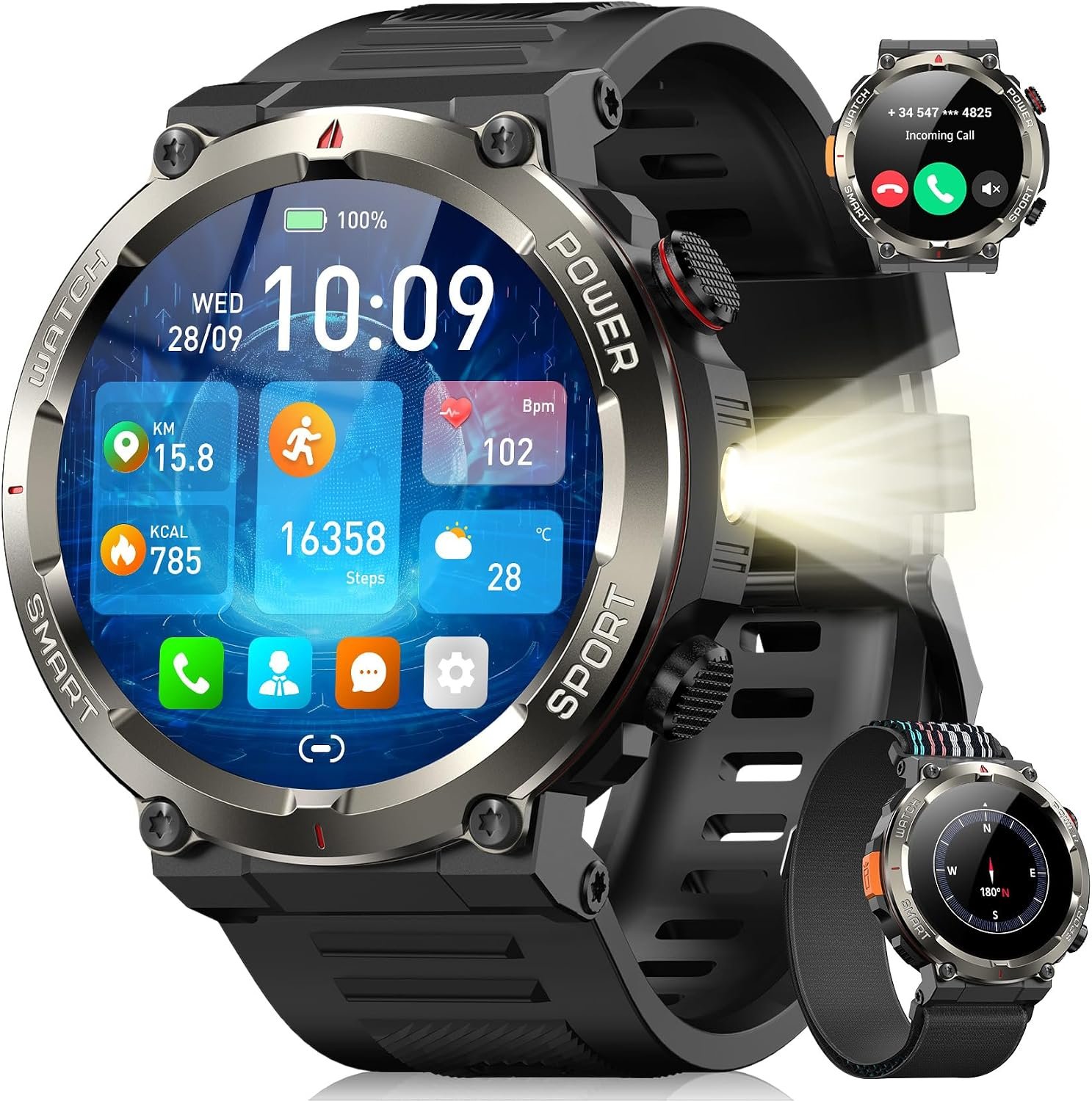 Military Smart Watch for Men(Answer/Make Calls),Outdoor Smartwatch with 100 Days Battery/Flashlight/Compass/Heart Rate/SpO2/Sleep Monitor/2 Straps, Rugged Fitness Watch for iPhone/Android Phones