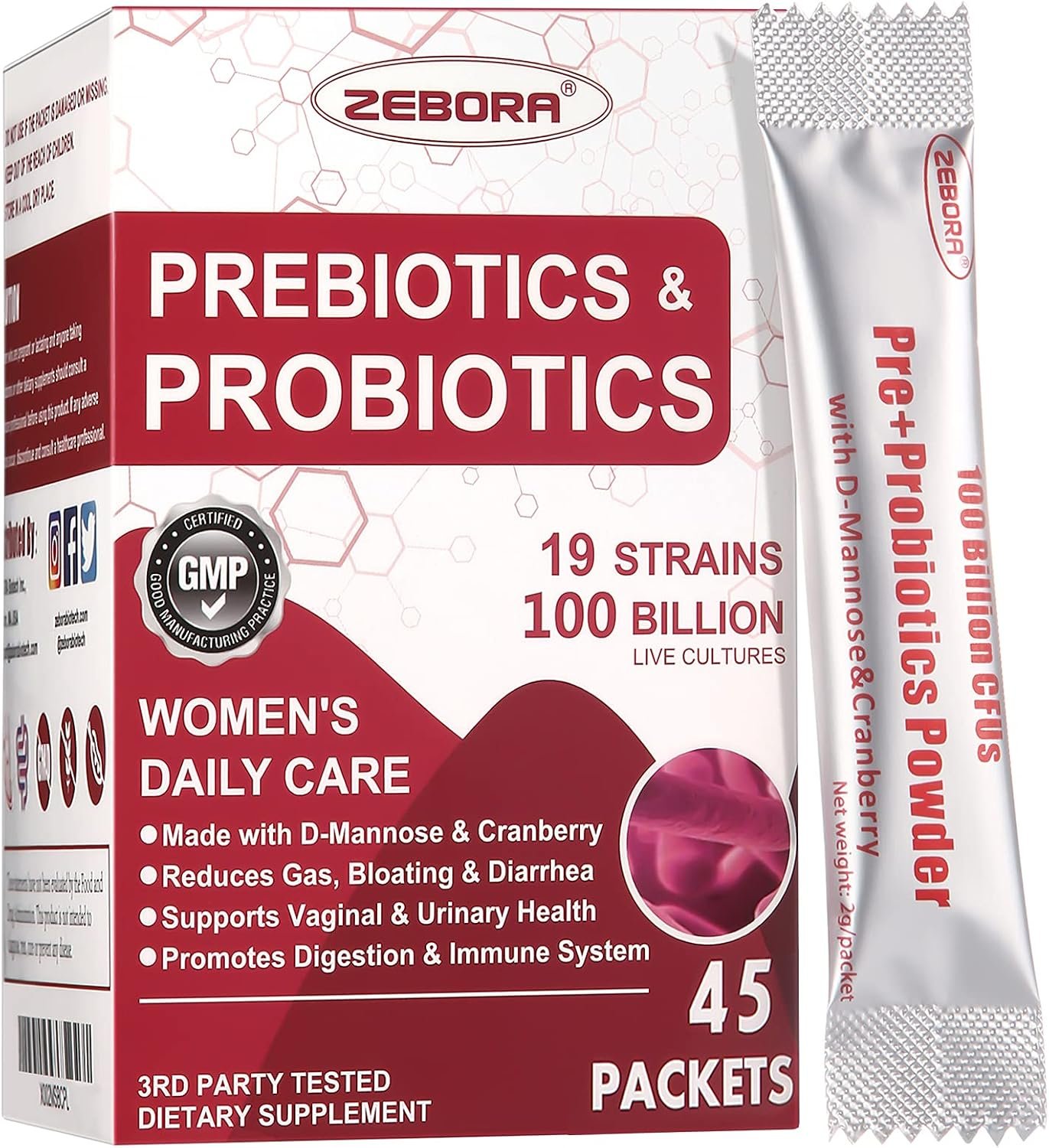 ZEBORA Feminine Probiotics for Women, 100 Billion CFUs, 45 Packets