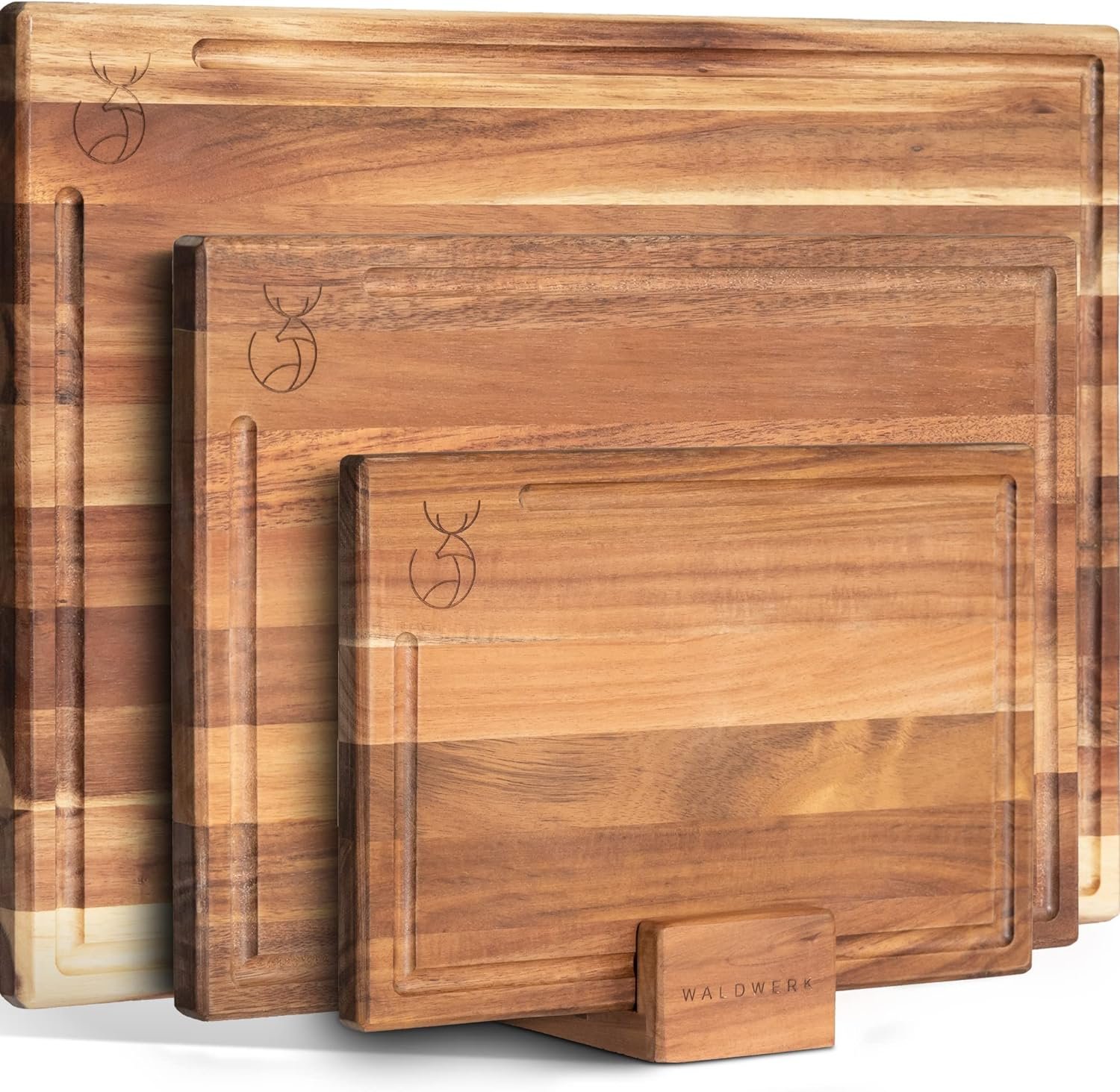 WALDWERK Cutting Board Set (15.75 x 12/13 x 9.5/10 x 7 in) out of Solid Acacia Wood – 0,8 in Thick Cutting Boards for Kitchen – Wood Cutting Boards – Wooden Chopping Boards for Kitchen