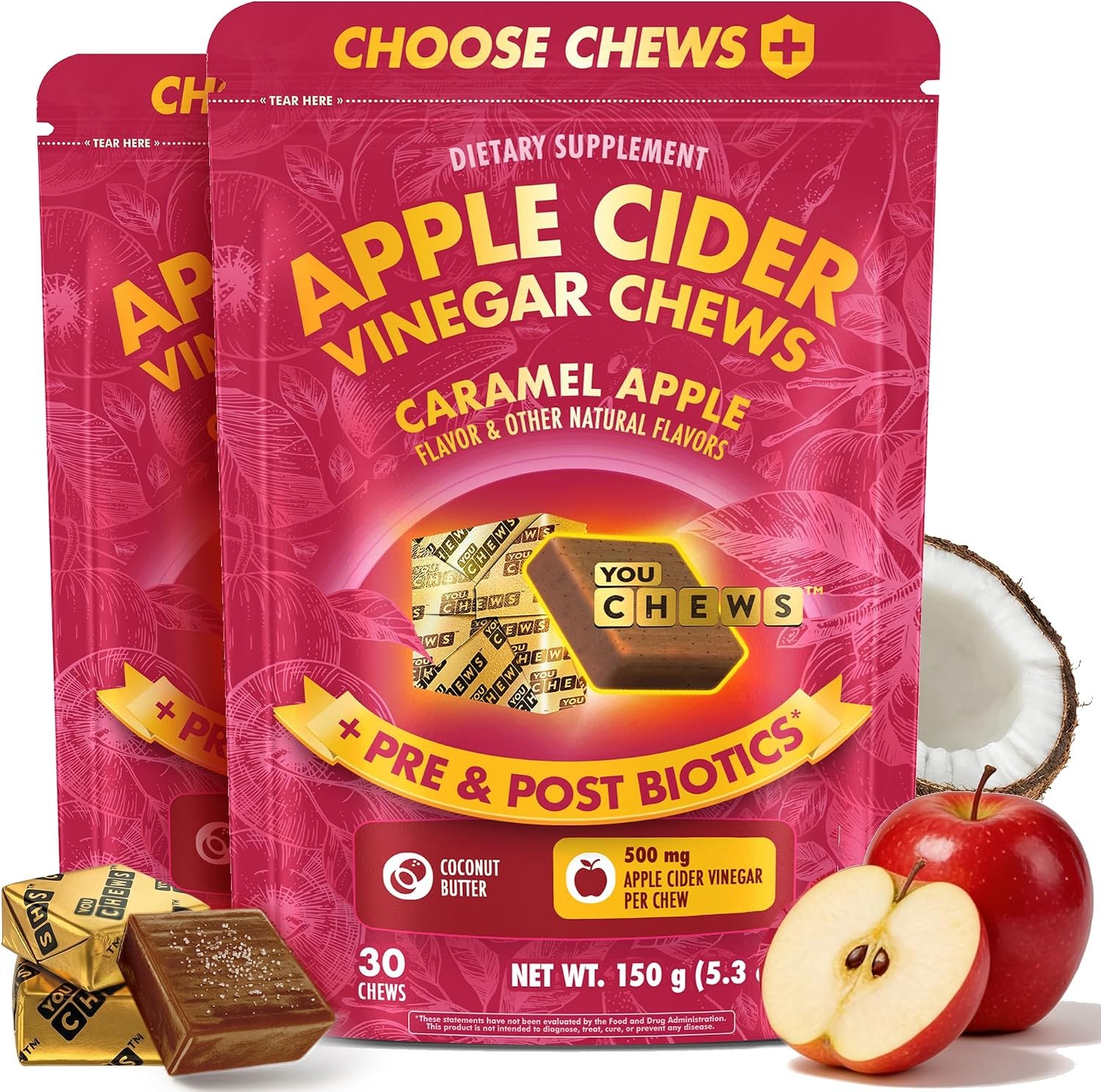 YouChews Apple Cider Vinegar Chews – 500 Mg Apple Cider Vinegar Gummies with Prebiotics & Postbiotics | Gut Balance Support | Low Sugar Apple Cider Gummies | Caramel Flavor | Packs of 2