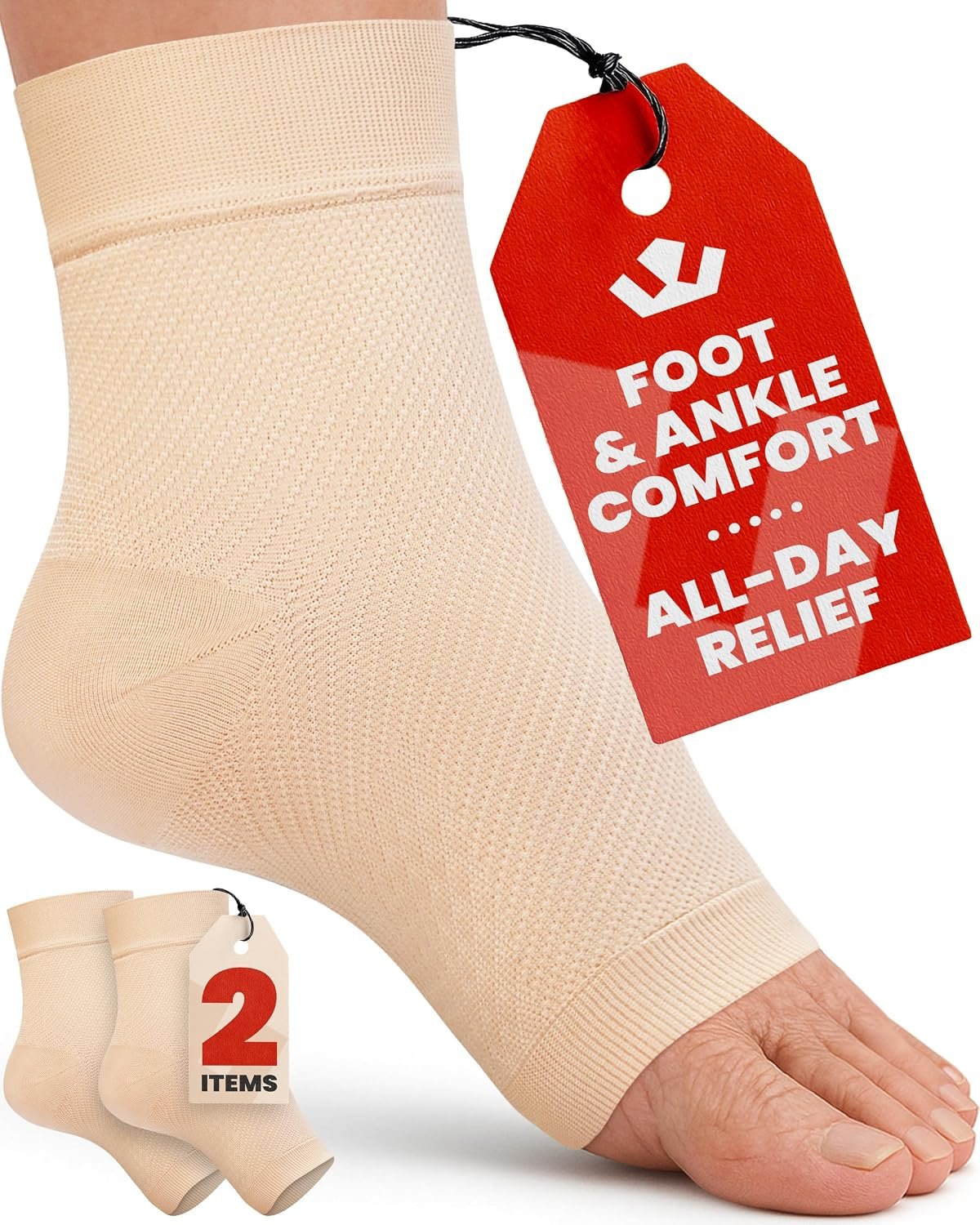 KEMFORD Ankle Compression Sleeve – 1-Pair, Plantar Fasciitis Braces – Open Toe Compression Socks for Swelling, Sprain, Neuropathy, Foot Arch Support for Men and Women – 20-30mmhg, L, Beige