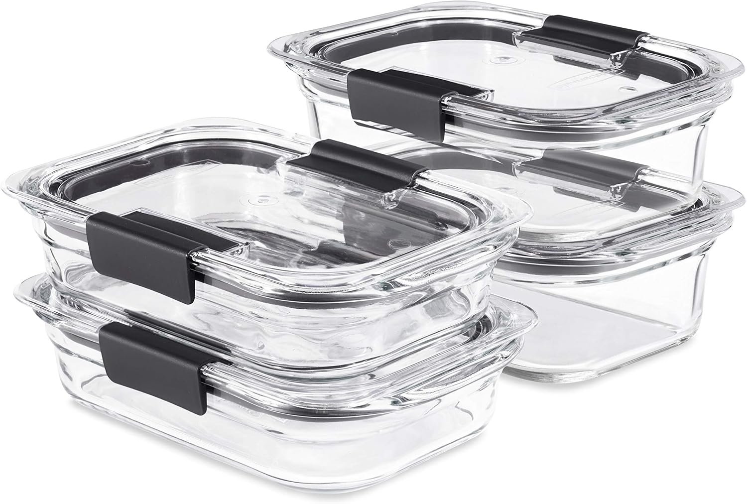 Rubbermaid Brilliance Glass Food Storage set of 4 containers 8 total pieces (4 containers + 4 lids) for Lunch Meal Prep and Leftovers Dishwasher and Oven Safe Clear/Grey