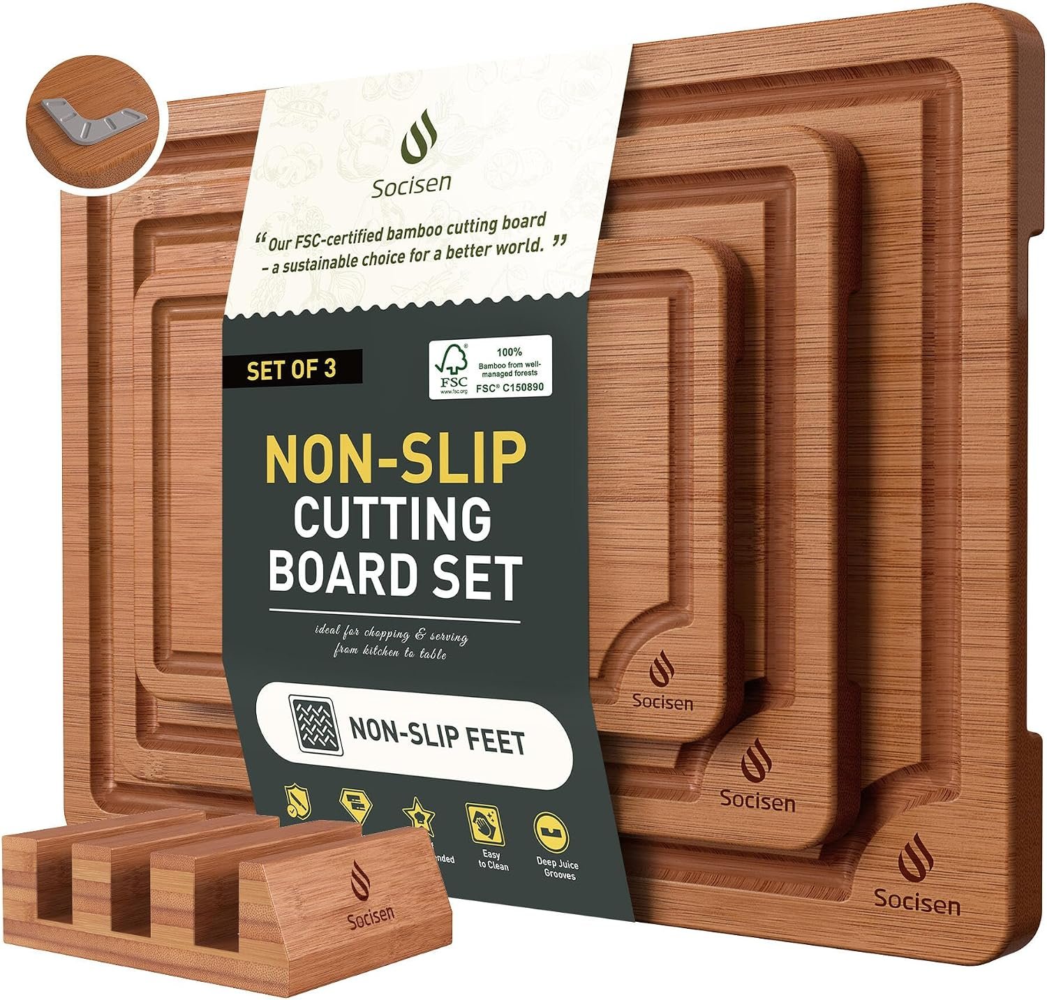 3 Packs Bamboo Cutting Board Set with Non Slip Feet Holder and Over Sink Nice Solid Thick Wood Juice Groove Chopping Board Extra Large Big Small Best Hardwood Kitchen Organic Vegetable Meat BBQ Kit