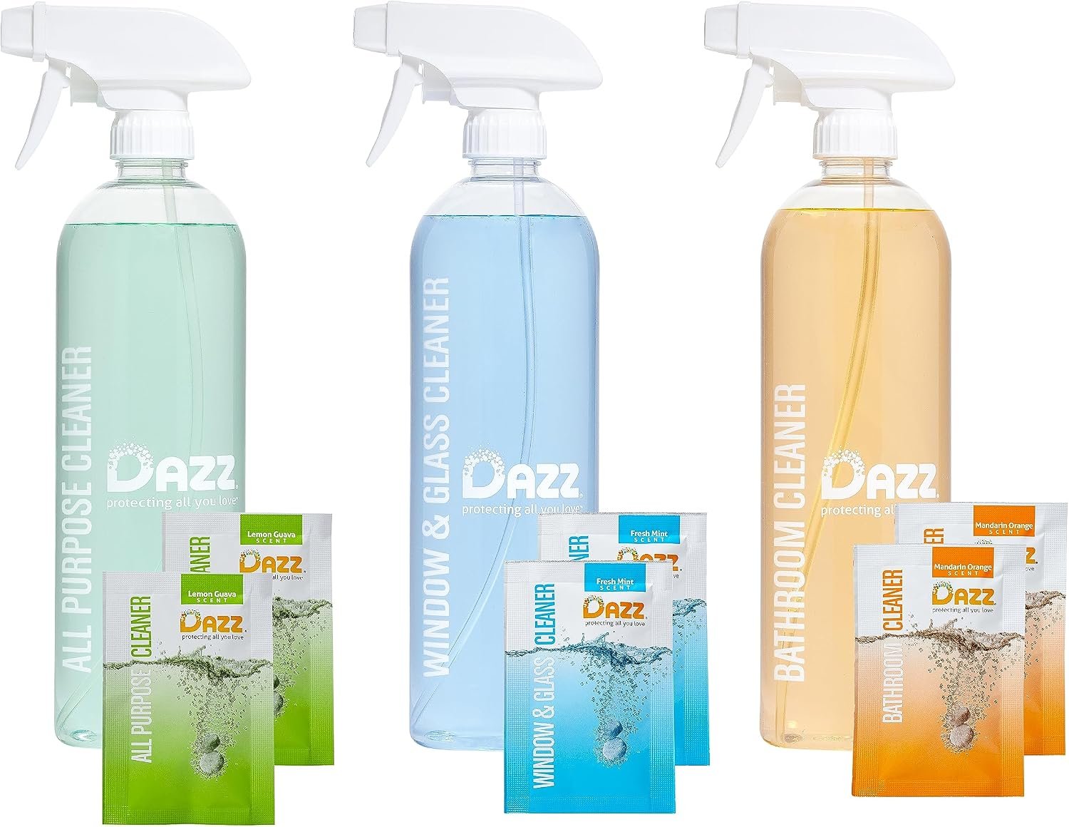 DAZZ Whole House Starter Kit (3 Reusable Spray Bottles, 6 Refills) Natural All Purpose Cleaner, Glass and Window Cleaner, and Bathroom Cleaner – Eco Friendly, Non Toxic