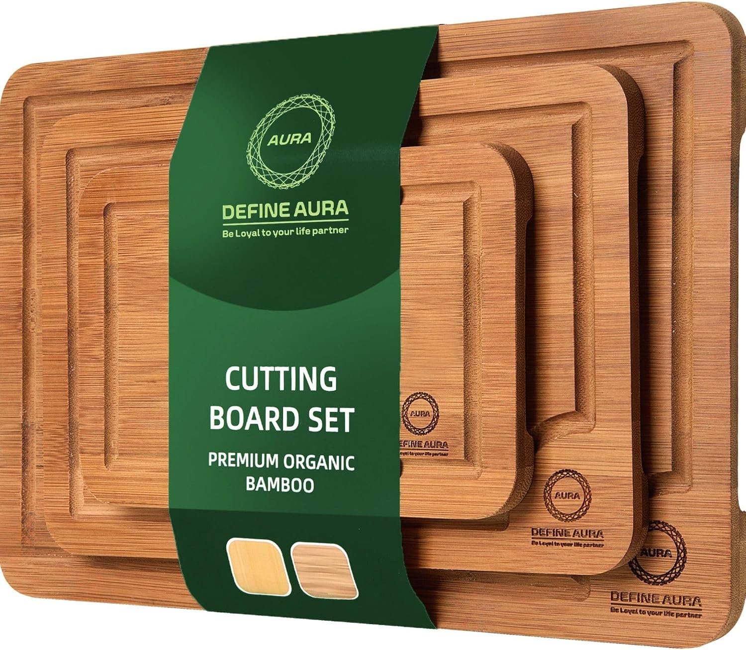 Organic Bamboo Cutting Board Set of 3 – Wooden Kitchen Boards for Chopping, Meal Prep & Serving – Durable Charcuterie & Cheese Boards with Deep Juice Grooves and Side Handles