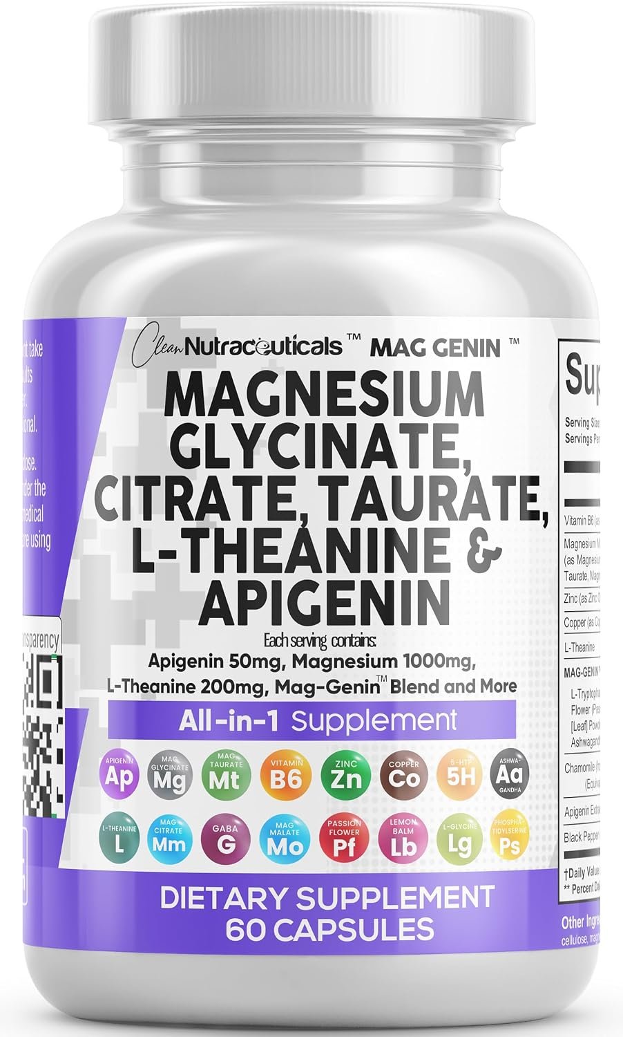 Clean Nutraceuticals Magnesium Glycinate Complex 1000mg with L-Theanine 200mg Apigenin 50mg Citrate Taurate Supplement – 5-HTP GABA Passion Flower Lemon Balm L-Glycine Phosphatidylserine – 60 Count