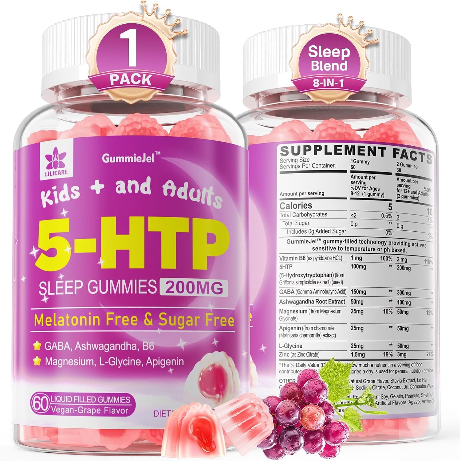 5HTP Gummies for Adults & Kids 8+, Melatonin Free, GABA & Magnesium, 60 Cts
