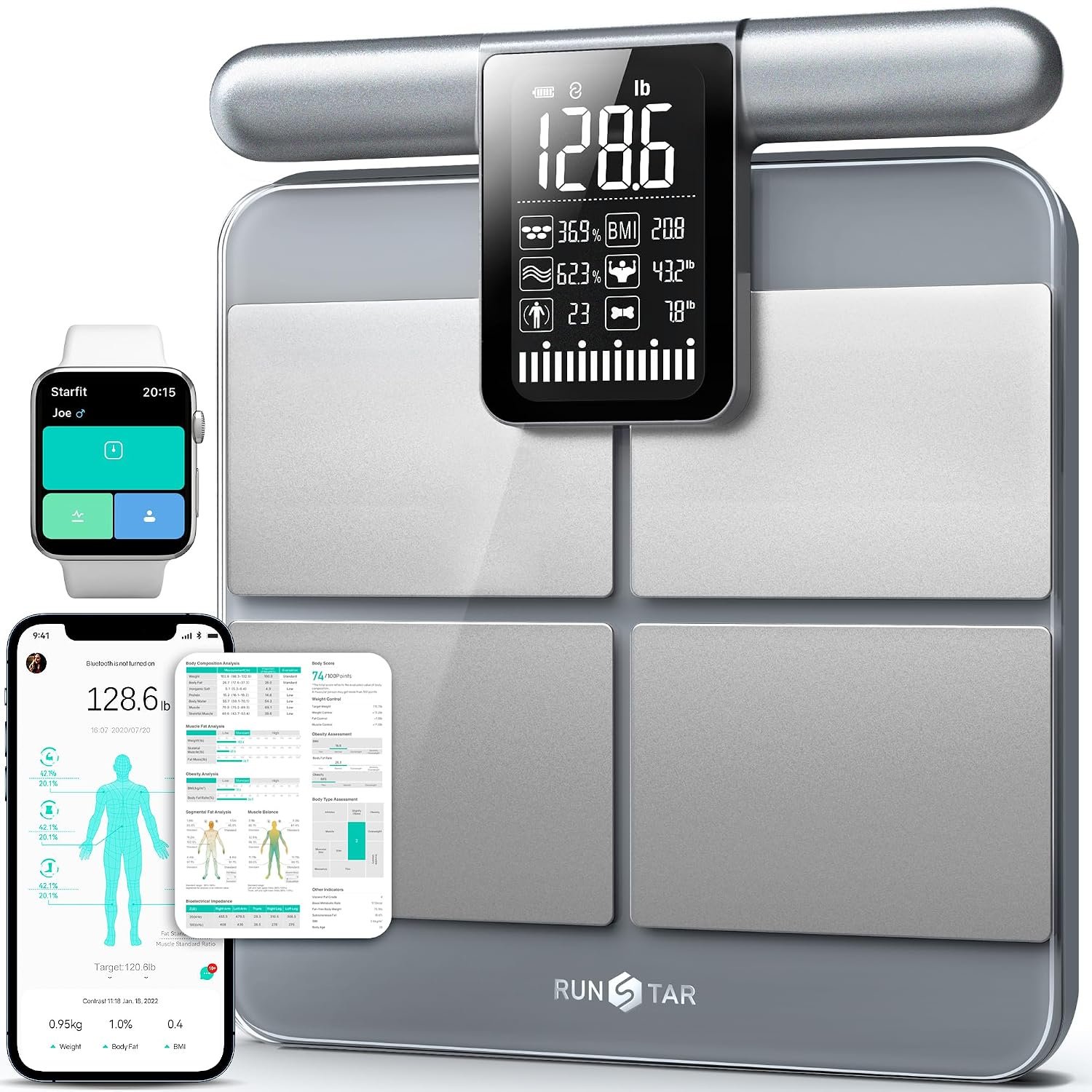 RunStar 8-Electrode Scale for Body Weight, Large Screen Handle, 50+ Metrics