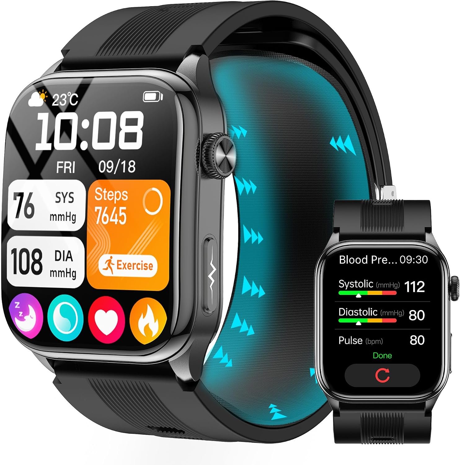 Smart Watch for Men Women with Airbag Strap Design, 2.06″ AMOLED Display, Heart Rate & Blood Pressure Monitor, Blood Oxygen & Sleep Tracker, 136 Sports Modes Fitness Tracker (Black)