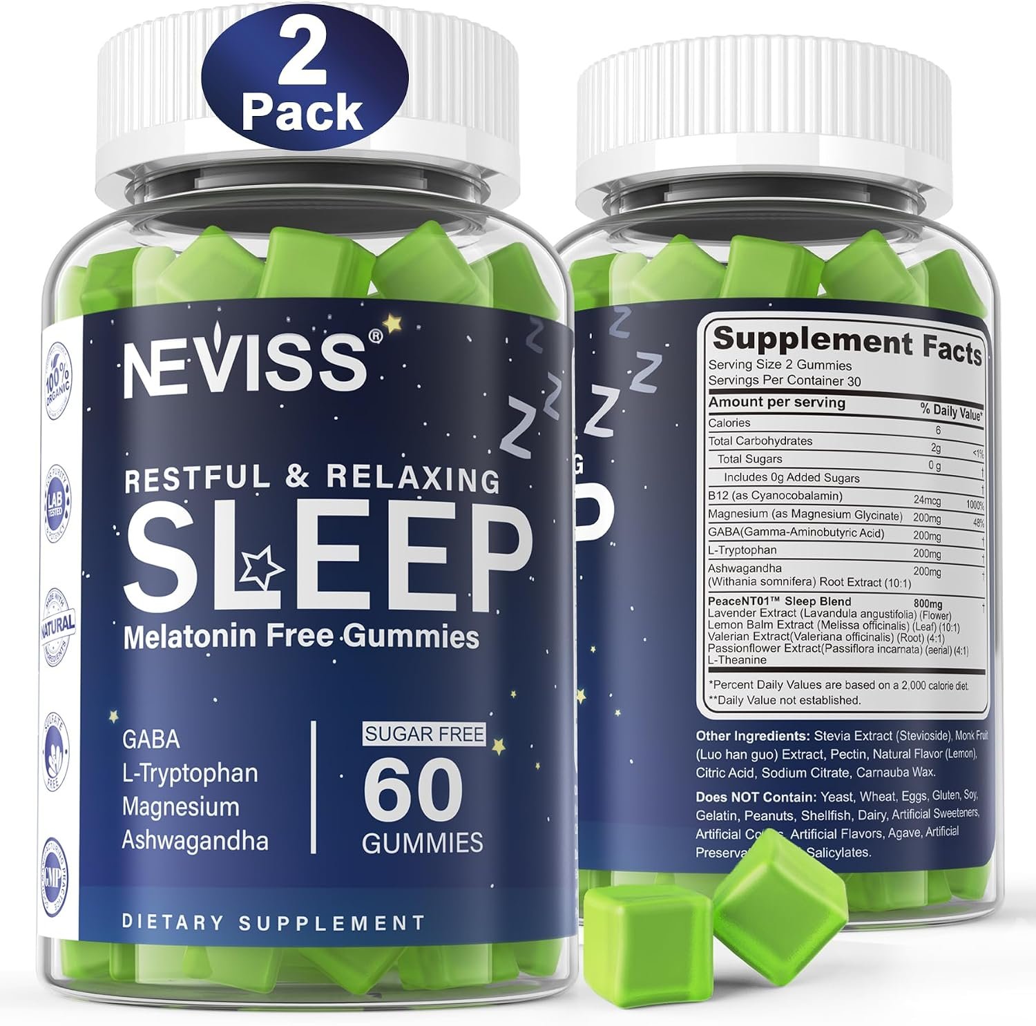 Melatonin Free Sleep Gummies for Adults – Magnesium Glycinate Gummies 2PACK