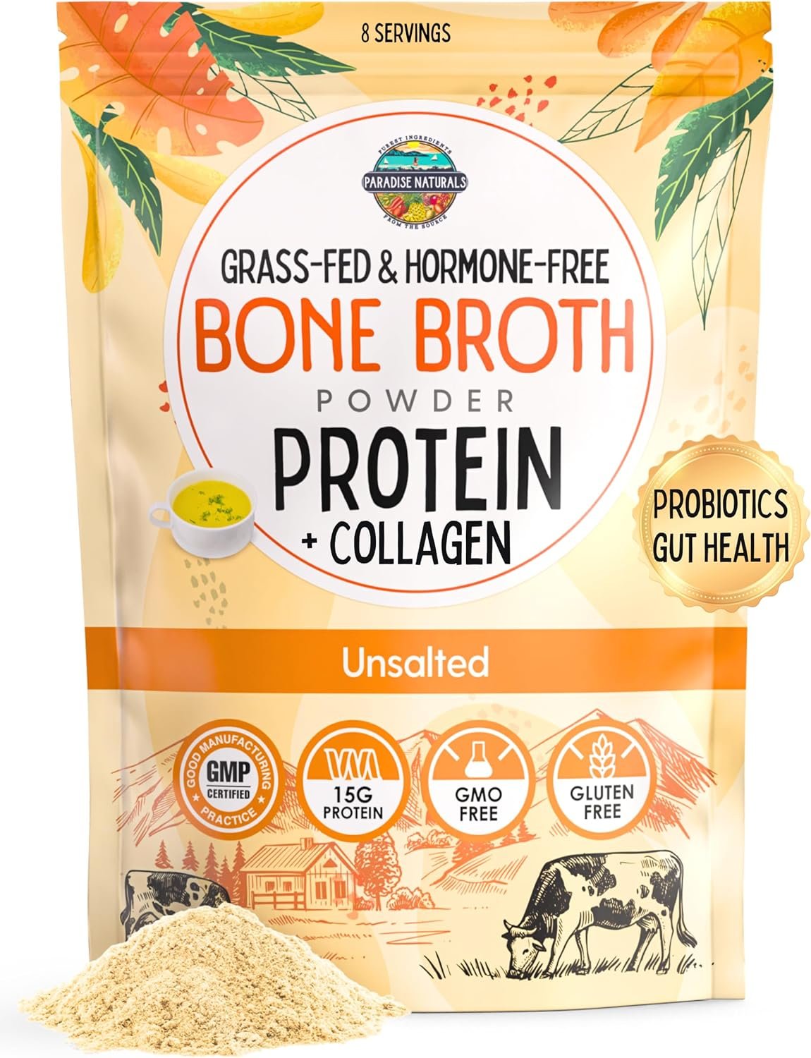 Paradise Naturals 100% Grass-Fed Natural Beef Bone Broth Powder + Active Probiotics, Collagen, 15g Protein, Non-GMO, Low Sodium, Gut Health, Paleo, Keto, Gluten-Free, for Healthy Skin, Hair, Joints