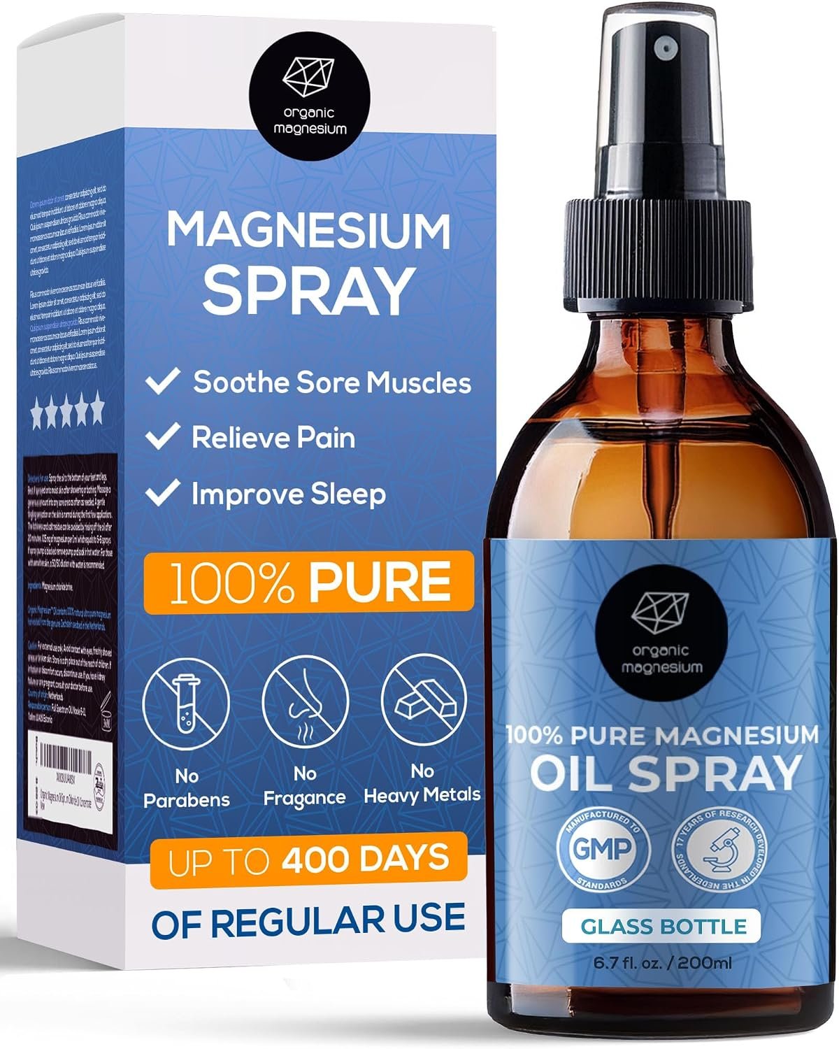 Organic Magnesium Spray Oil for Feet, Sleep & Sore Muscles – 100% Pure Ancient Zechstein Mg Chloride, Topical Formula for Natural Relaxation, Body Massage, Leg Cramps & Workout Relief, Glass Bottle