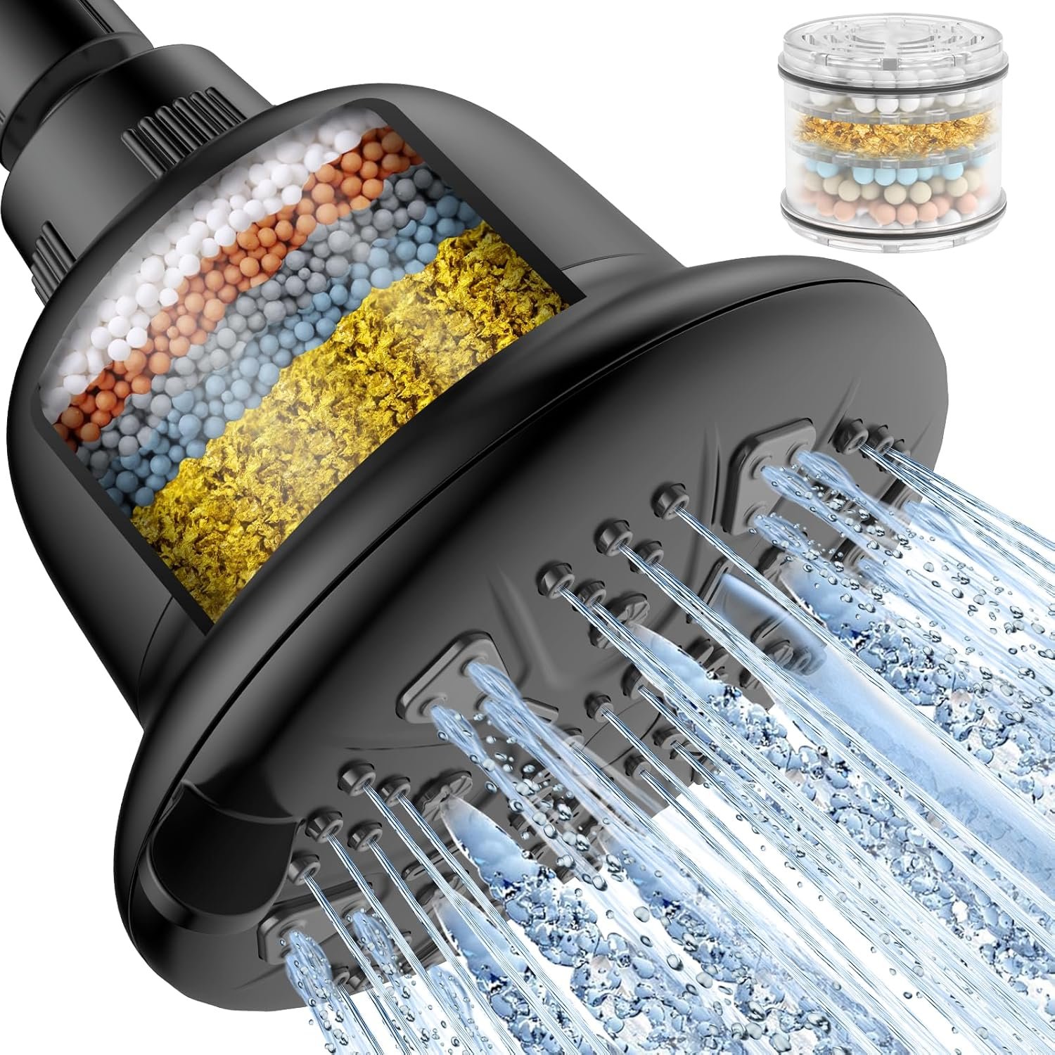 MakeFit Filtered Shower Head Matte Black- High Pressure Shower Head with filter for Hard Water – Rain Shower Head Water Softener – Luxury 7 Settings Adjustable Water Filter Showerhead (Matte Black)