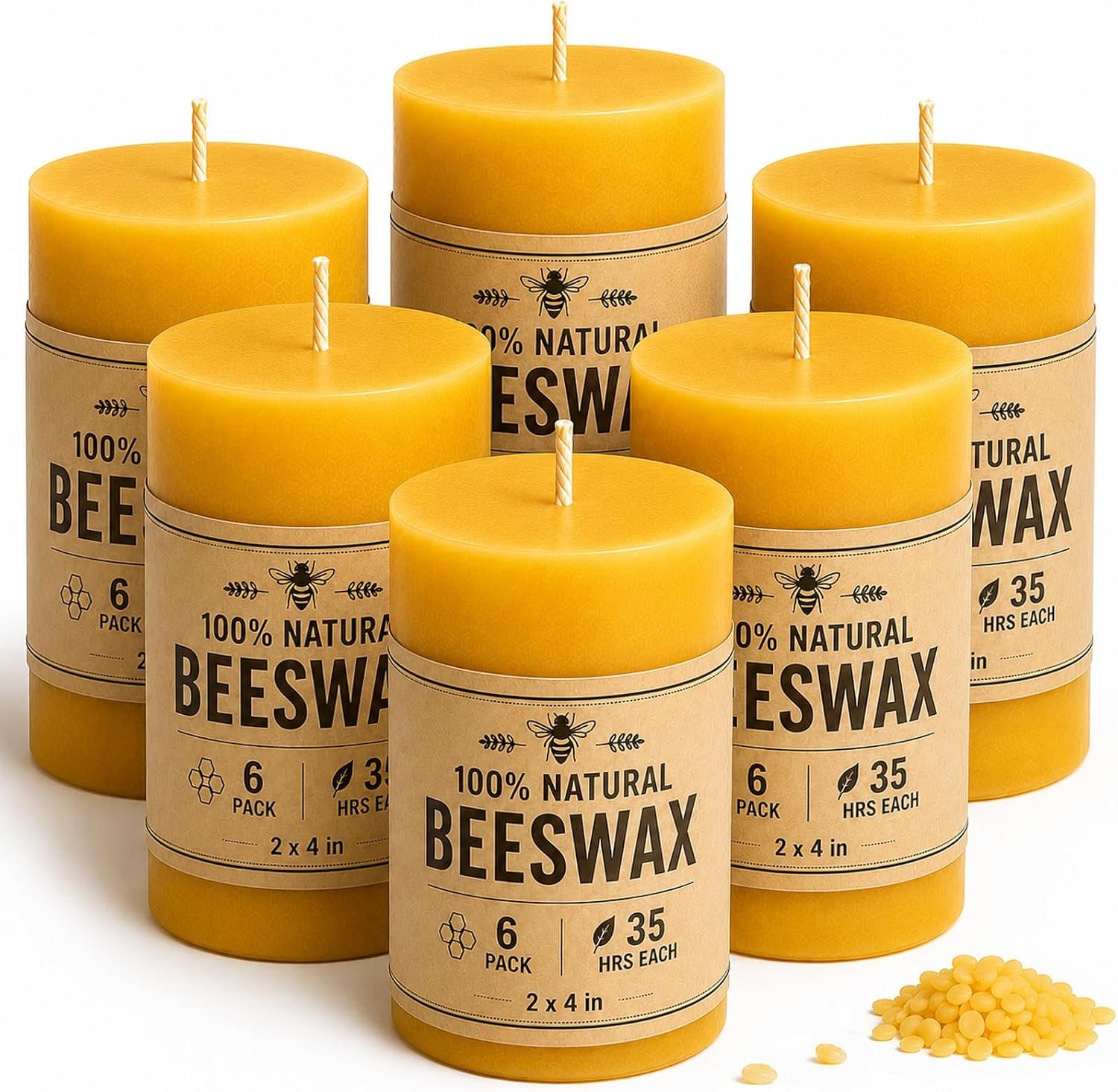 6 Pack Beeswax Pillar Candles, Natural Non Toxic Beeswax Candle for Home
