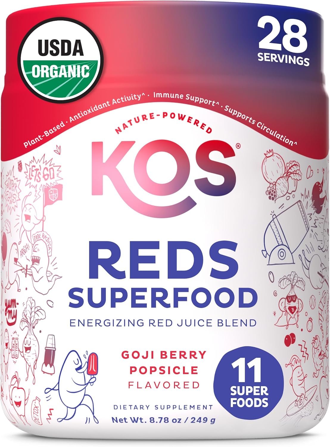 KOS Reds Superfood Powder for Antioxidants – USDA Certified Organic Beet Root, Goji Berries, Acai, Pomegranate, Coconut Water & Digestion Enzymes- Goji Berry Popsicle Flavor Juice Mix – 28 Servings
