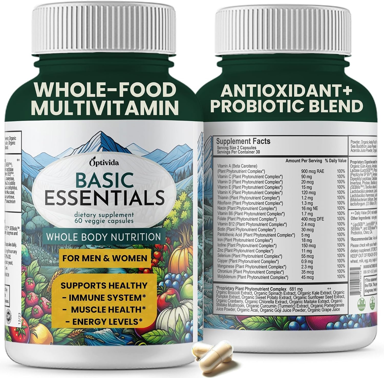 Organic Whole Food Multivitamin for Men & Women w/ Probiotics & Antioxidant