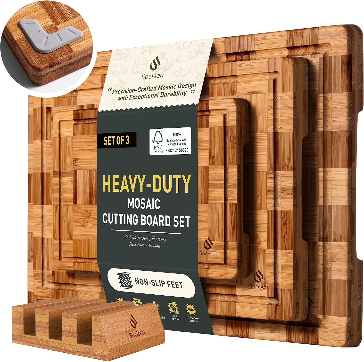 3 Pack Heavy Duty Bamboo Cutting Board Set Non Toxic Wooden Cutting Board for Kitchen Non Slip Solid End Grain Thick Wood Juice Groove Chopping Board Extra Large Butcher Block Best House Warming Gift