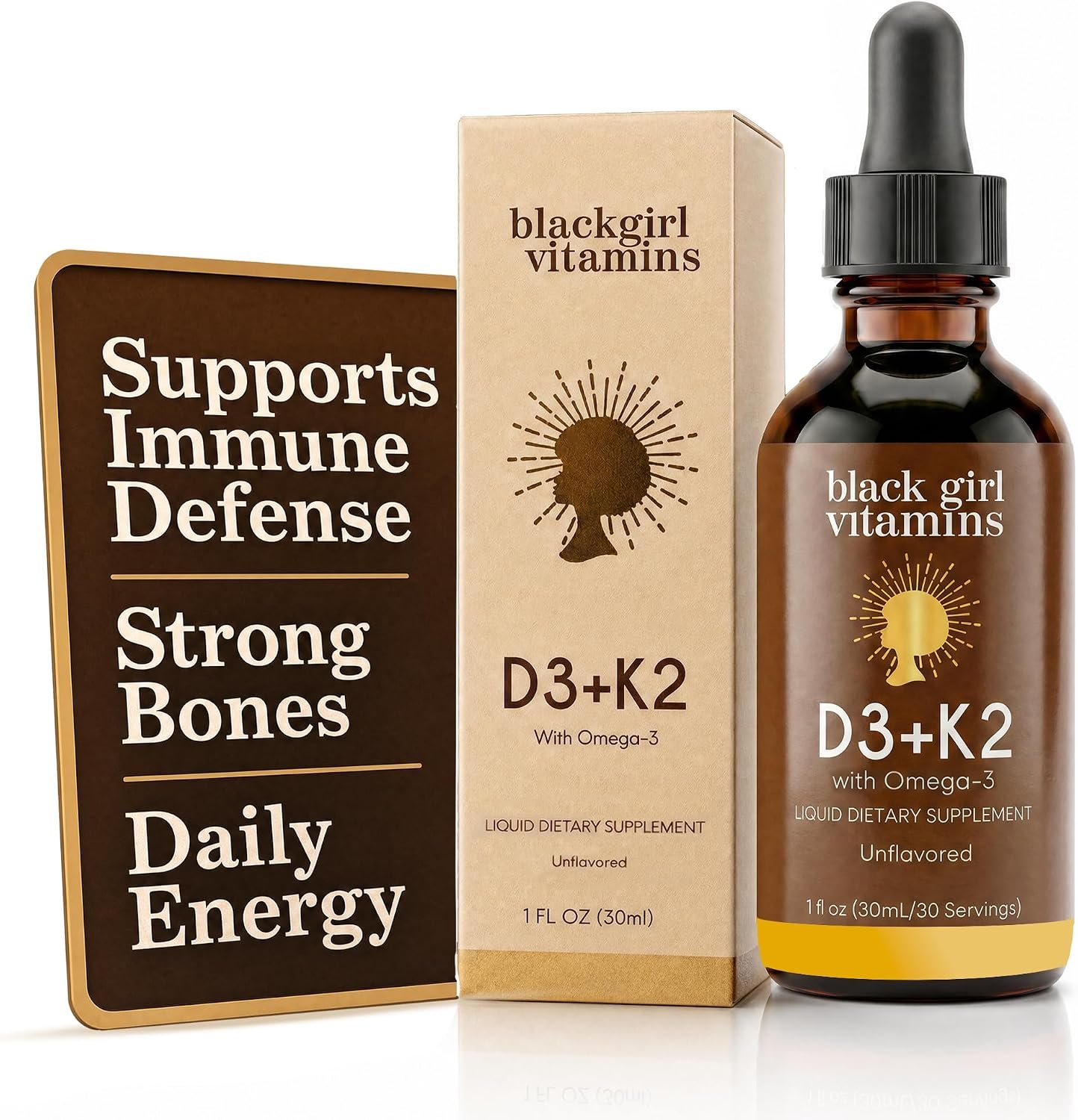 Black Girl Vitamins Vitamin D3 K2 Drops (125mcg Each) with Omega 3 – Liquid D3 K2 (MK7) Daily Supplement, Concentrated Unflavored Drops, Vegan (30-Day Supply)