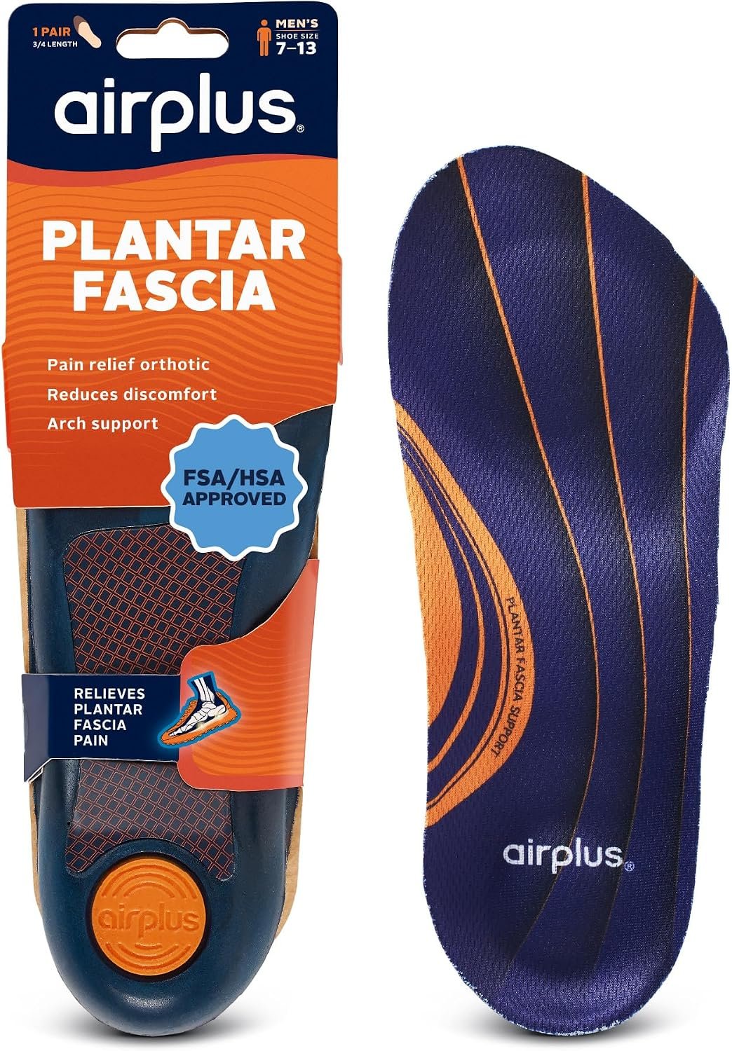 Airplus Plantar Fascia Orthotic 3/4 Length Shoe Insole (FSA&HSA Eligible)-Foam Shell & Gel Heel – Deep Heel Cup, Full-Foot Arch Support-Soft Cushioning & Stability -Fits Most Shoes & Boots-Unisex