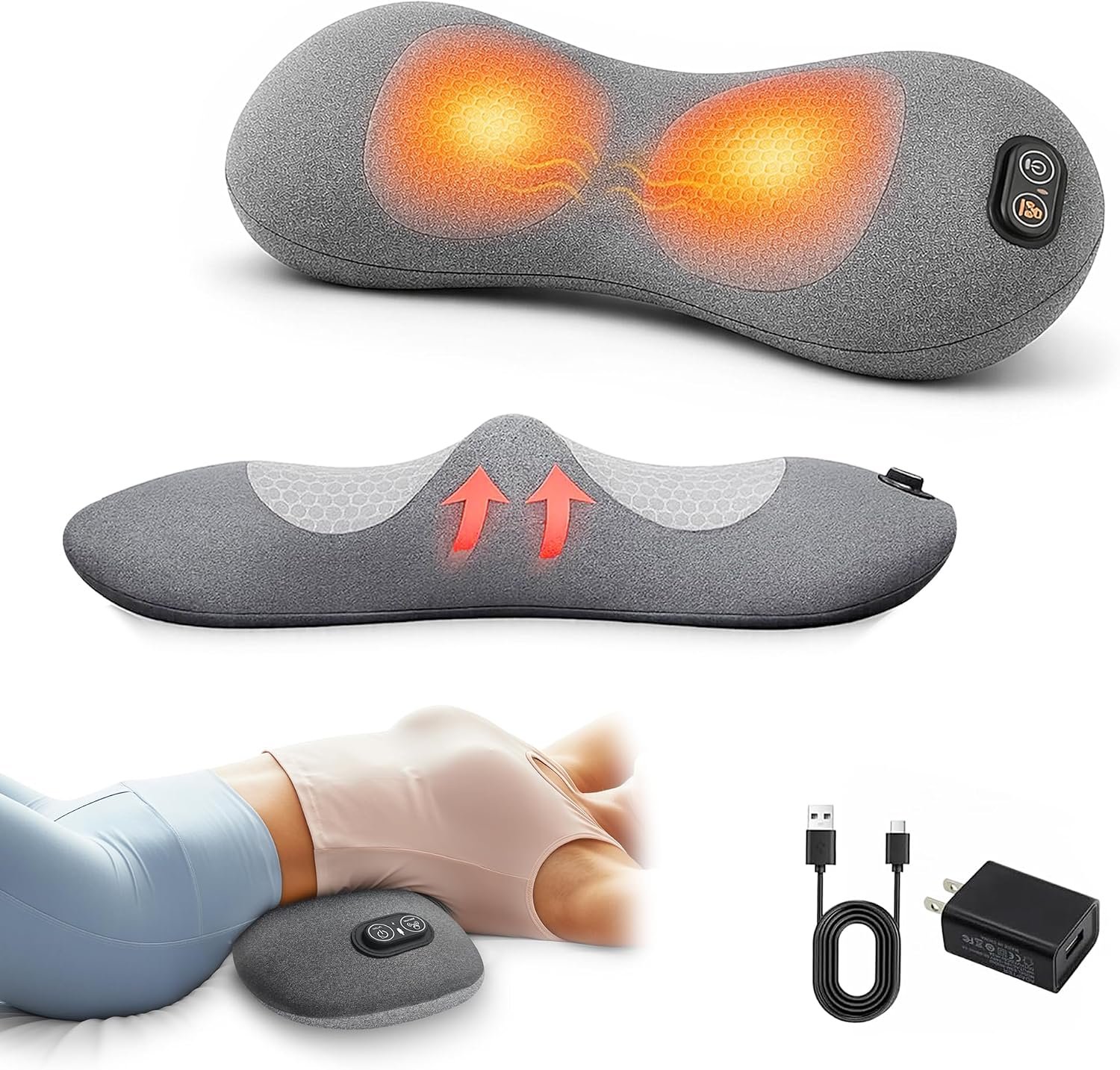 3-in-1 Triple Fusion Back Massager with Heat – Lumbar Support Pillow, Portable Electric Stretch for Lower Back, Ergonomic Memory Foam for Office Chair & Bed Use (Gray)