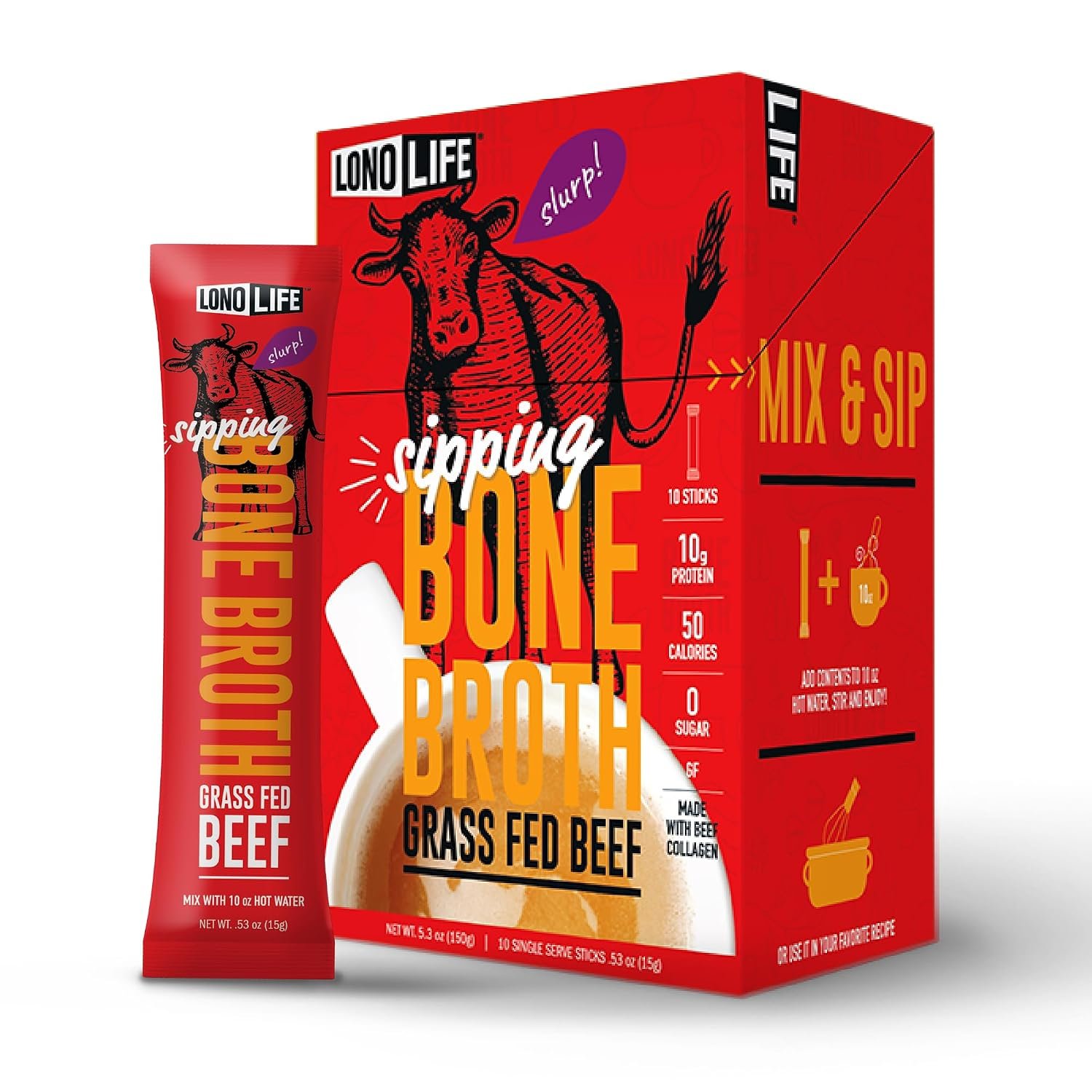 Beef Bone Broth Packets, Grass Fed, 10g Protein, 10 Ct – Keto and Paleo