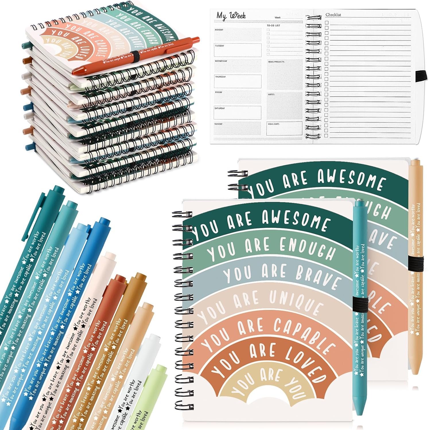 Thenshop 60 Pcs First Day of School Encouragement Supplies 30 Self Care Notebooks Journals and 30 Positive Affirmation Pens Mental Health Wellness Gifts for Teacher Counselor Student
