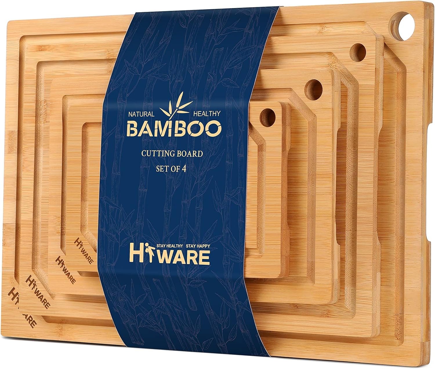 Hiware 4-Piece Extra Large Bamboo Cutting Boards Set for Kitchen, Heavy Duty Cutting Board with Juice Groove, Bamboo Chopping Board Set for Meat, Vegetables – Pre Oiled