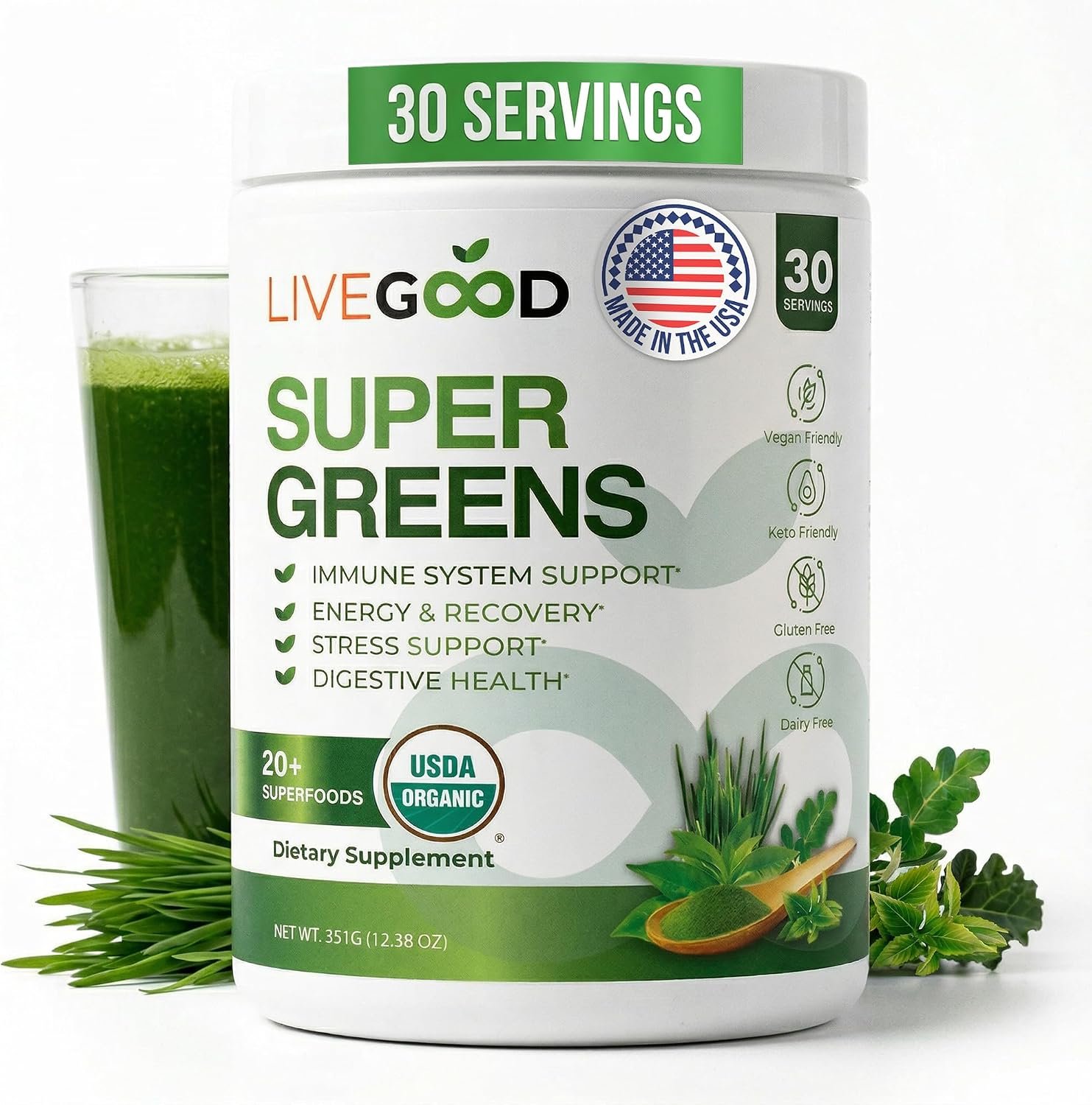 LIVEGOOD Daily Greens Powder Organic Blend for Digestion & Focus – Super Greens Supplement Powder for Immune Support – 30 Servings