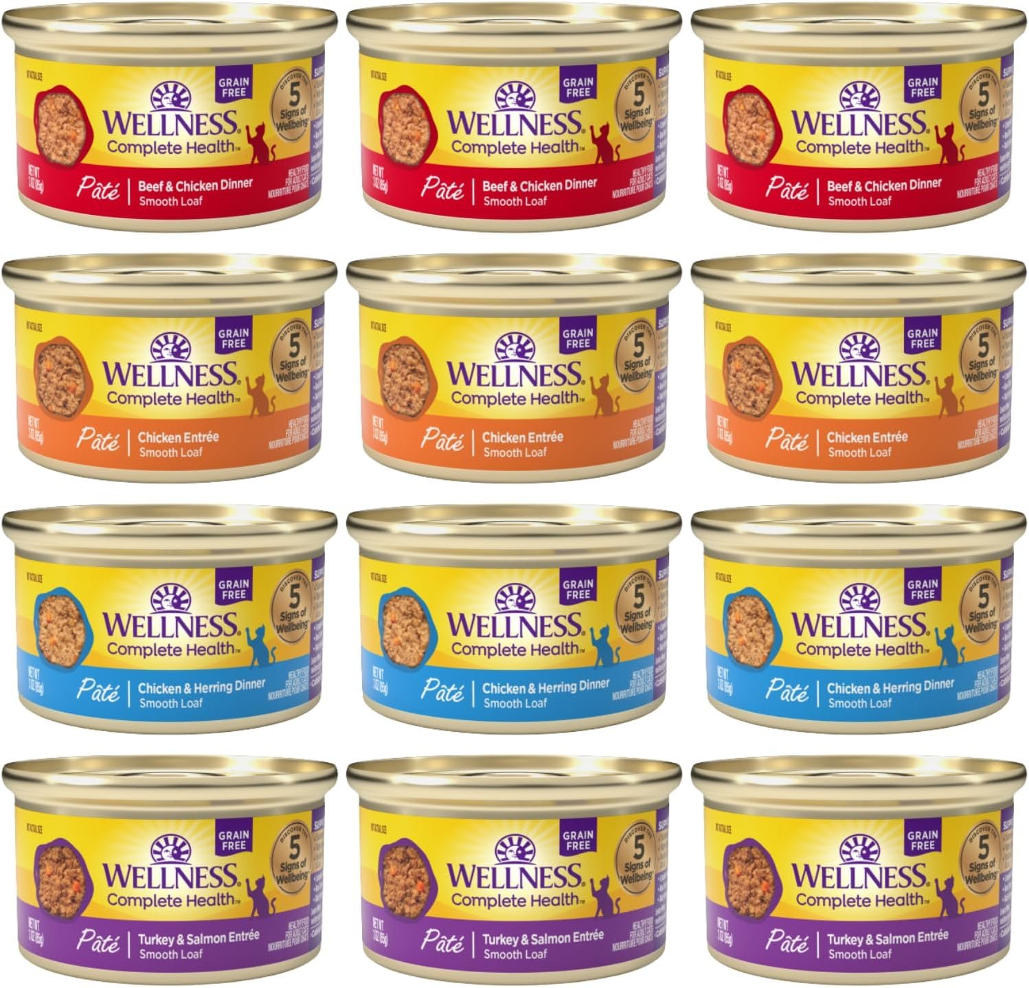 Wellness Natural Premium Canned Cat Wet Food Pate – 12 Pack Cans Bowl Variety Pack 4 Flavor – (Chicken,Beef, Salmon & Turkey) (3 Ounce Cans)