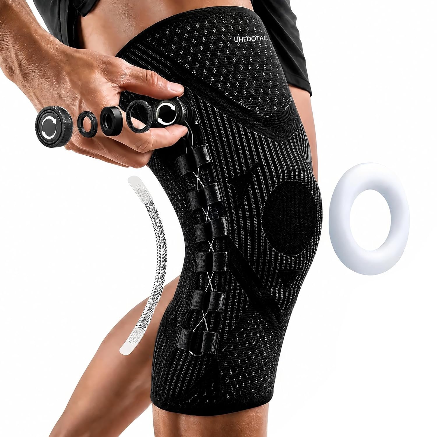 Knee Brace with Dial Adjustment, Adjustable Compression Knee Support with Patella Gel Pad & Side Stabilizers, Running Knee Brace Joint Pain Relief Brace for Workout, Arthritis, Meniscus Support, Complete Joint Support Kit Includes Wrist Wrap (L,Left)