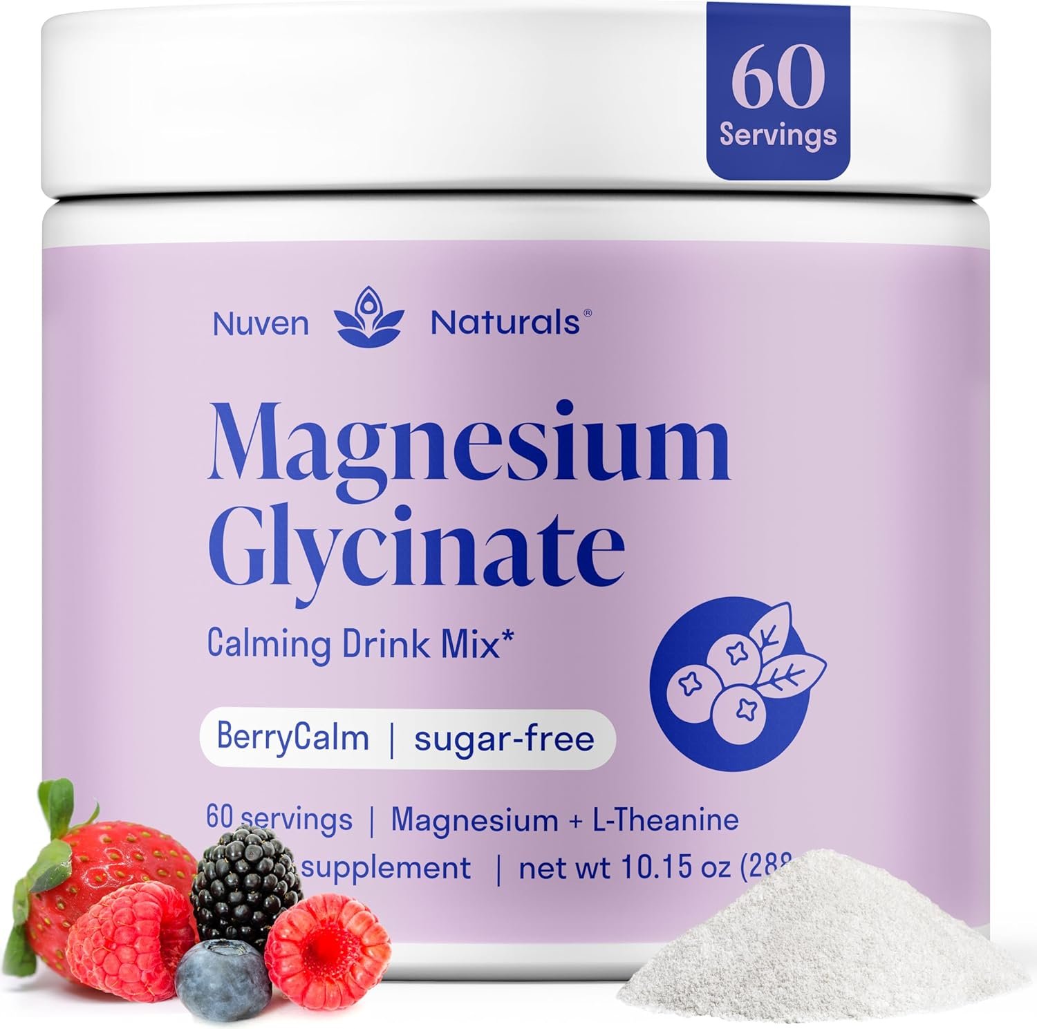 Magnesium Glycinate Powder + L Theanine, 60 Servings, 300mg, Mixed Berry