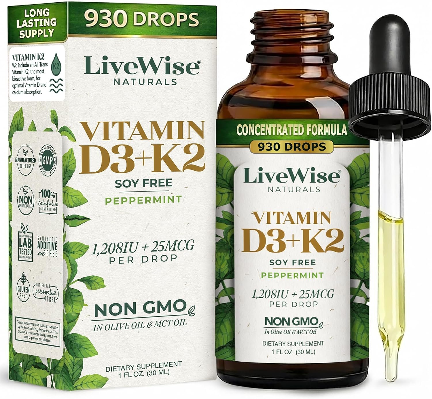Live Wise Naturals Vitamin D3 K2 (MK-7) Peppermint Drops for Adults