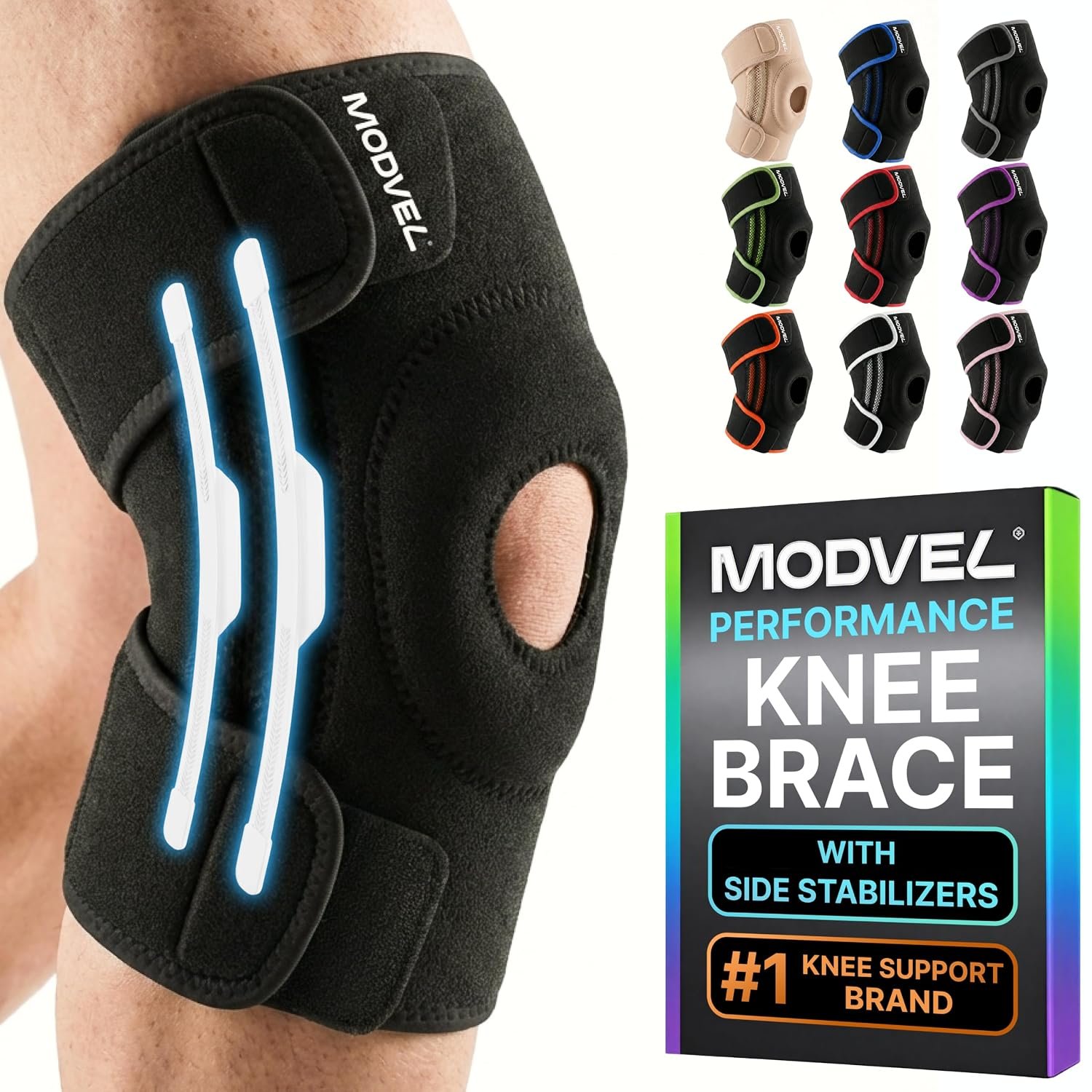Modvel Knee Brace with Side Stabilizers & Patella Gel Pads for Pain Relief and Joint Support Breathable, Non-Slip Compression Sleeve for Men & Women, Arthritis, Meniscus, ACL Recovery